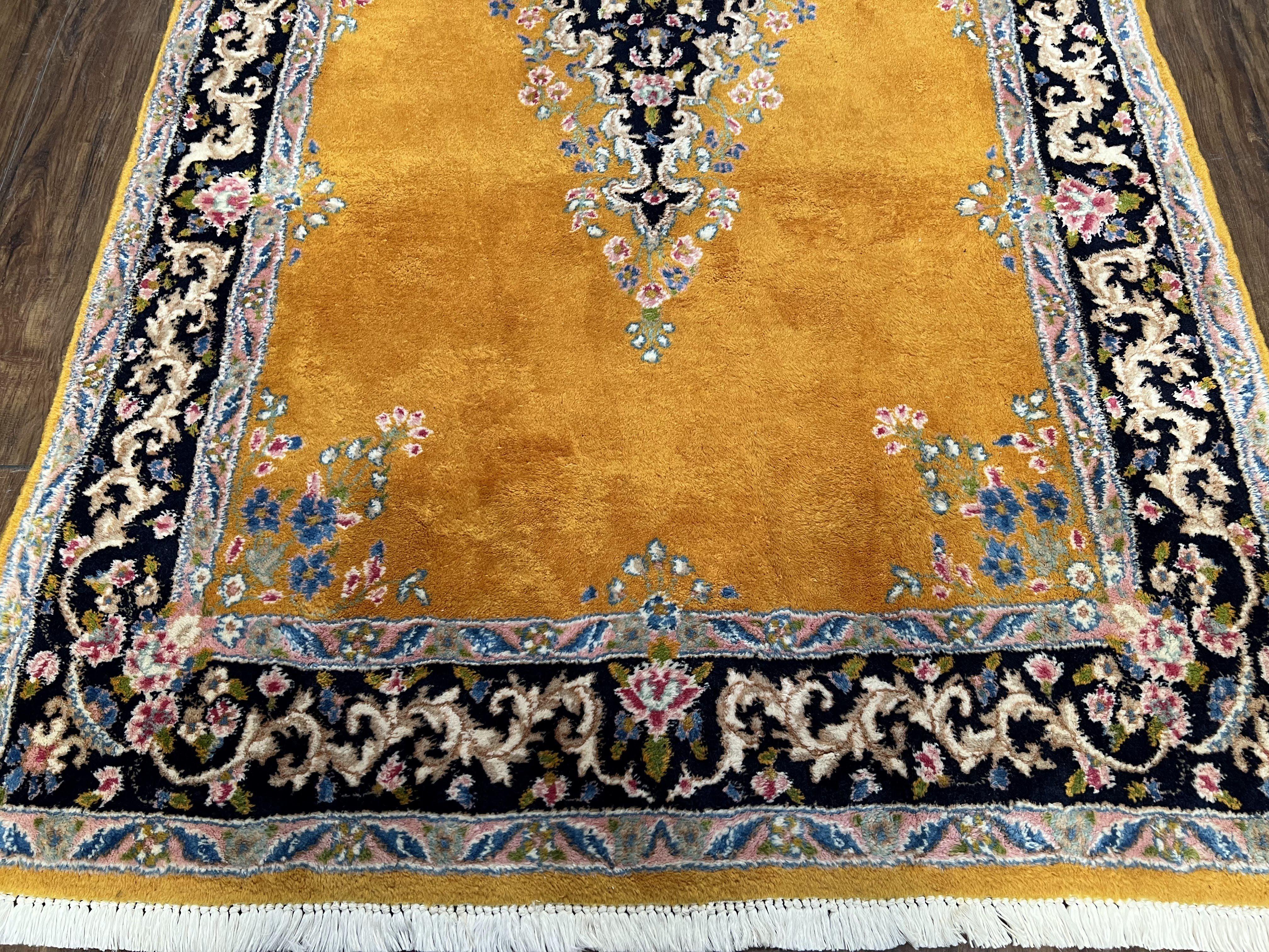 Vintage Persian Kirman Rug 4x7, Unique Colors, Mustard and Black Rug, Open Field with Central Medallion, Wool Oriental Rug, Persian Carpet Handmade - Jewel Rugs