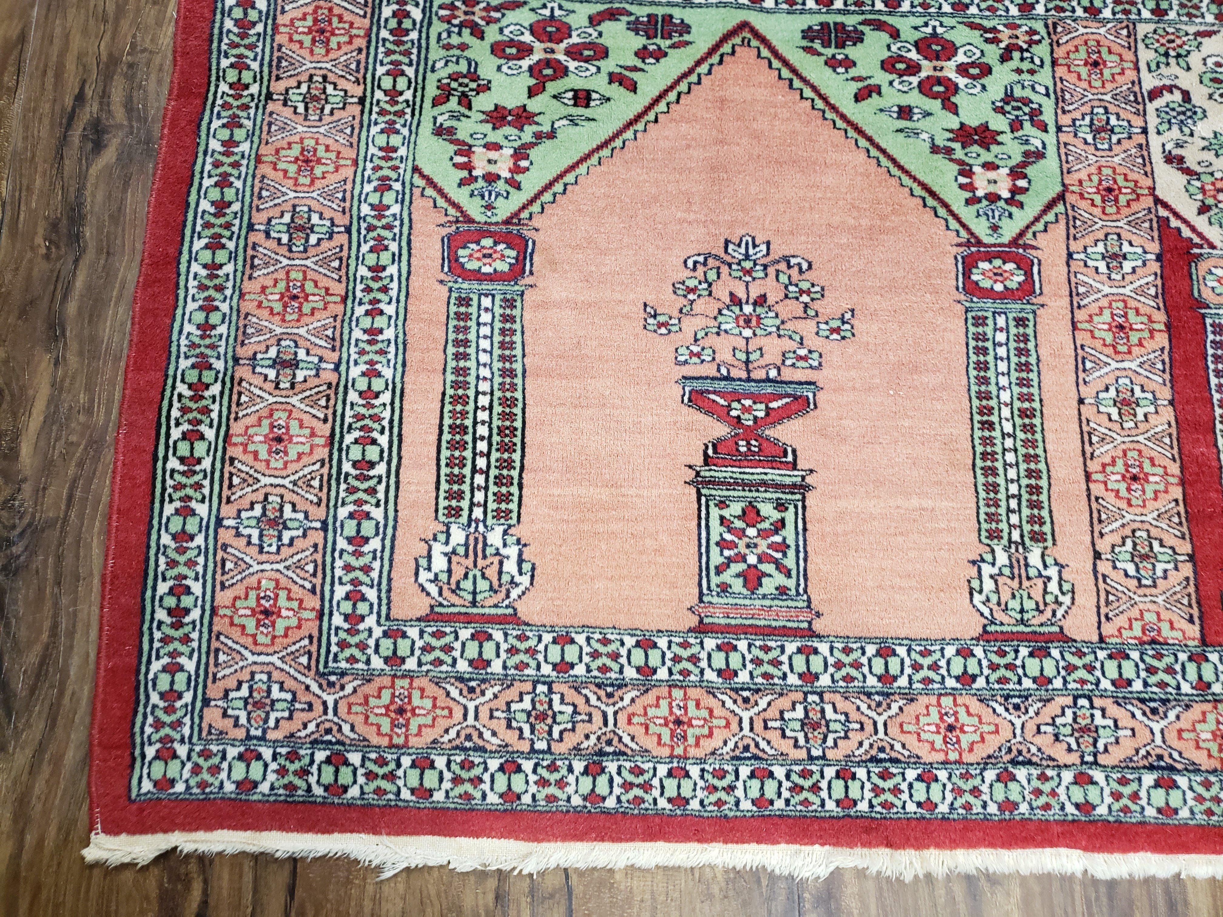 Vintage Turkish Triple Mehrab Area Rug 2.7 x 6.6, Wool Hand-Knotted Horizontal Carpet, Fine Weave, Red Peach Ivory, Nice - Jewel Rugs