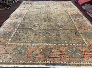 Large Indian Rug 10x14, Hand Knotted Wool Sultanabad Carpet 10 x 14 ft, Laurel Green and Salmon, Floral Allover Room Sized Handmade Rug - Jewel Rugs