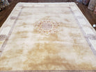 Vintage Chinese Oriental Carpet 8x10, Beige & Cream Chinese Art Deco Rug, Simlpe Design, Hand-Knotted, Soft Wool, Thick Pile - Jewel Rugs