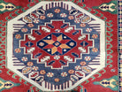 Vintage Turkish Kazak Area Rug, 6ft Square Rug, 6x6 Square Oriental Carpet, Hand-Knotted, Wool, Bold Colors, Red Blue Green, Geometric Rug - Jewel Rugs