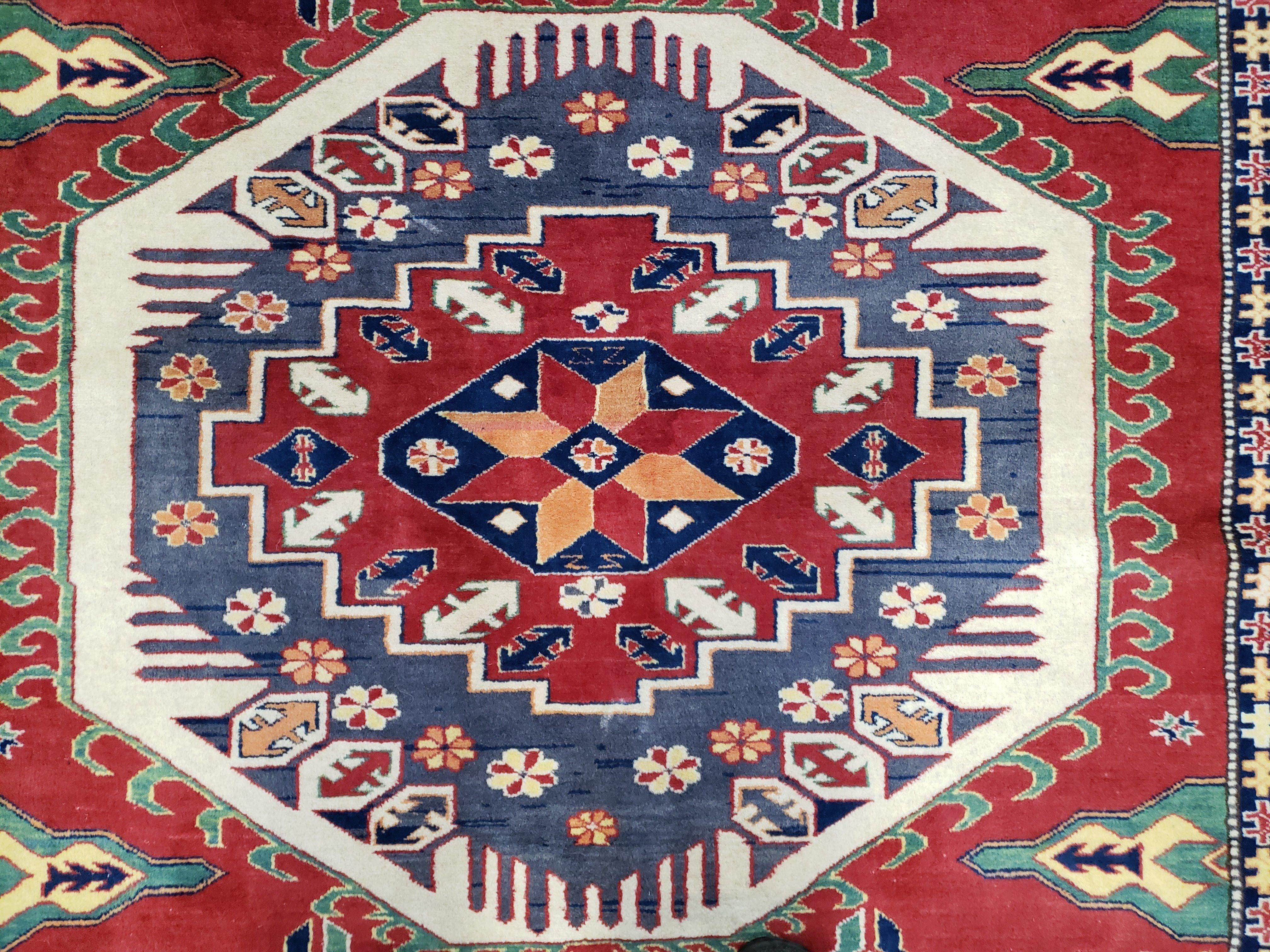 Vintage Turkish Kazak Area Rug, 6ft Square Rug, 6x6 Square Oriental Carpet, Hand-Knotted, Wool, Bold Colors, Red Blue Green, Geometric Rug - Jewel Rugs