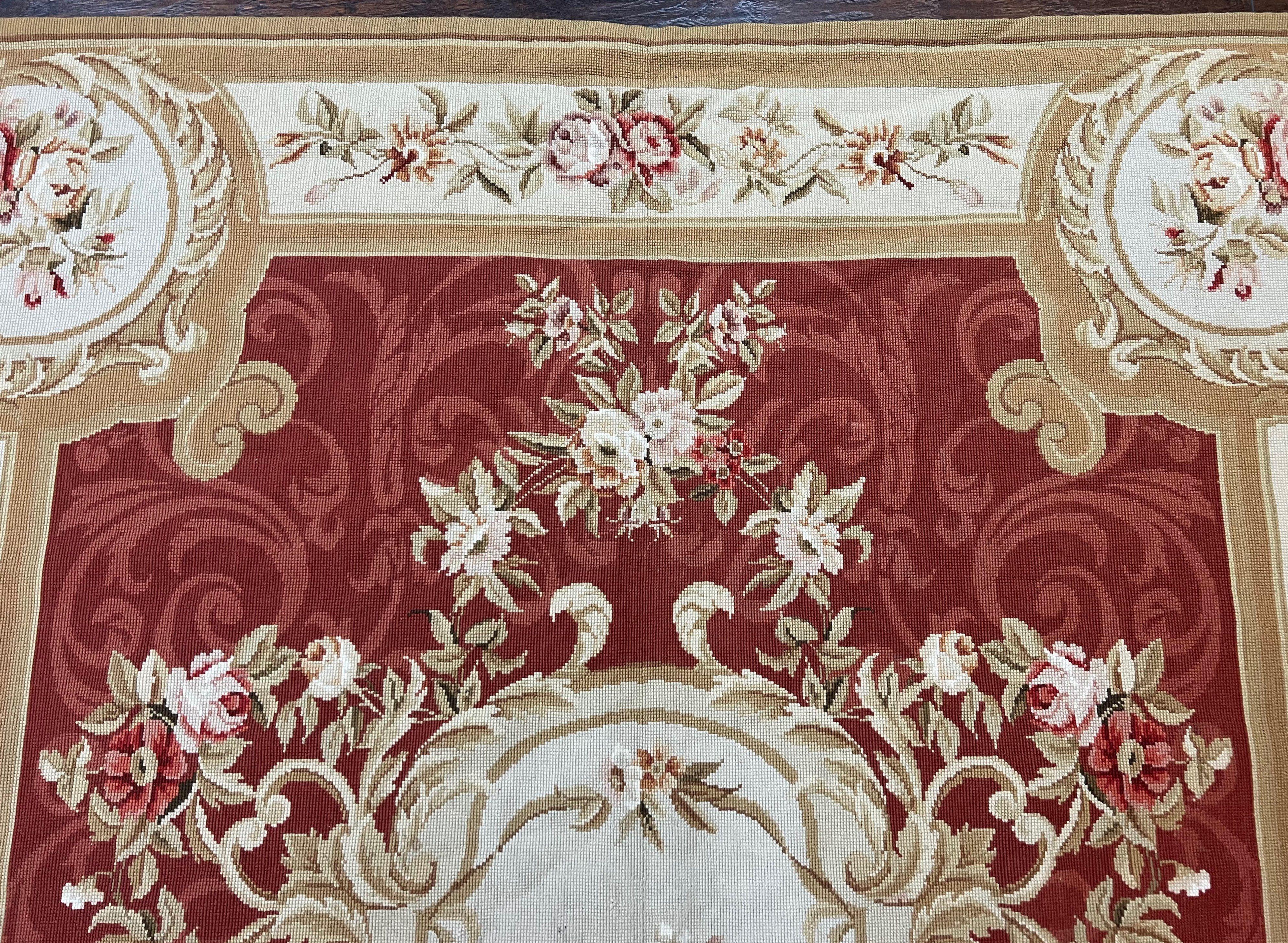 Aubusson Needlepoint Rug 5x8, Red Ivory Tan, Vintage Needlepoint Carpet 5 x 8 ft, Handmade Hand woven Wool, French European, Medium Size Rug - Jewel Rugs