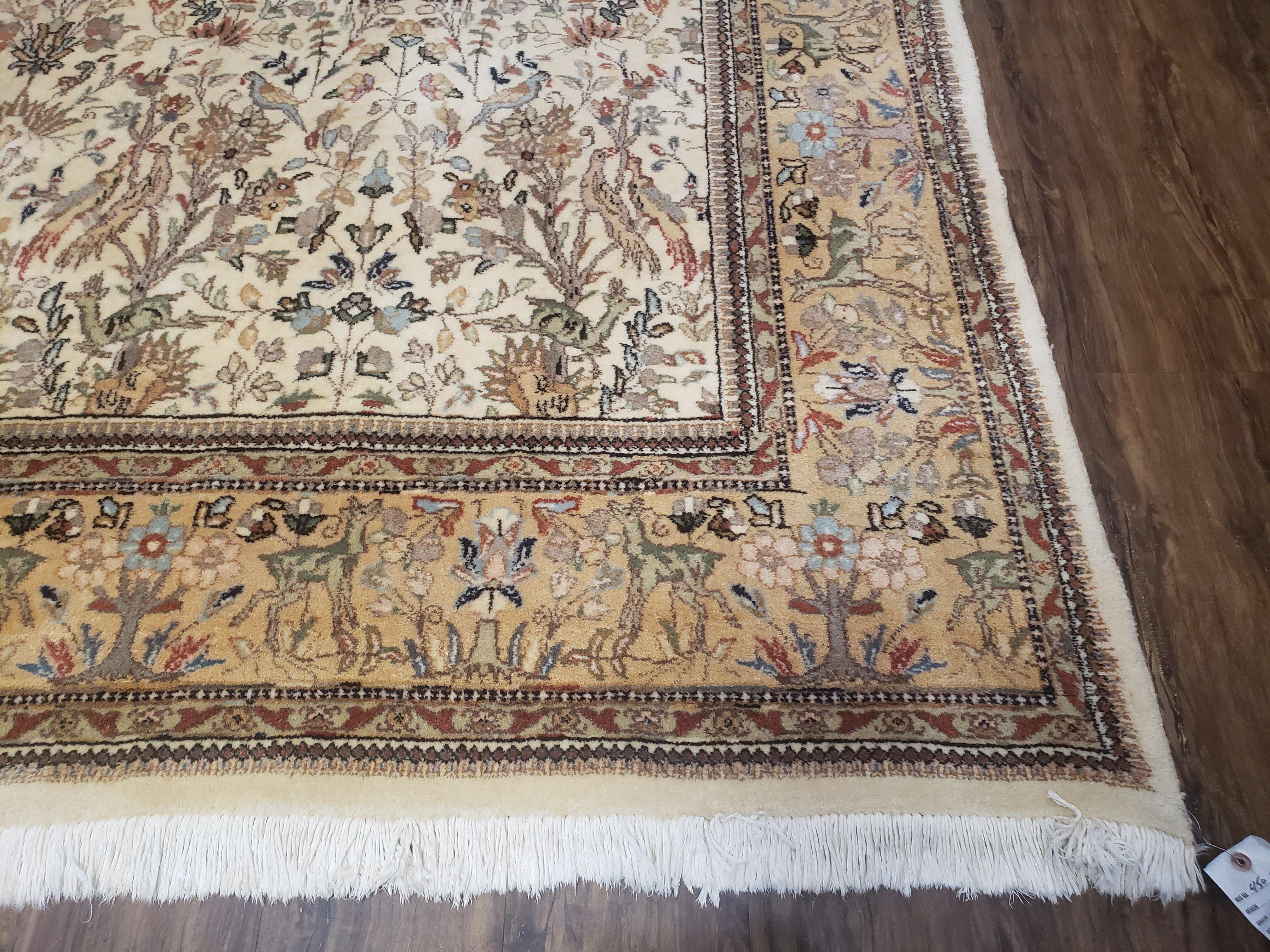 Semi Antique Persian Tabatabaie Tabriz Rug, Animal Pictorials, Ivory & Gold, Hand-Knotted, Wool, 7' 10" x 10' 6" - Jewel Rugs