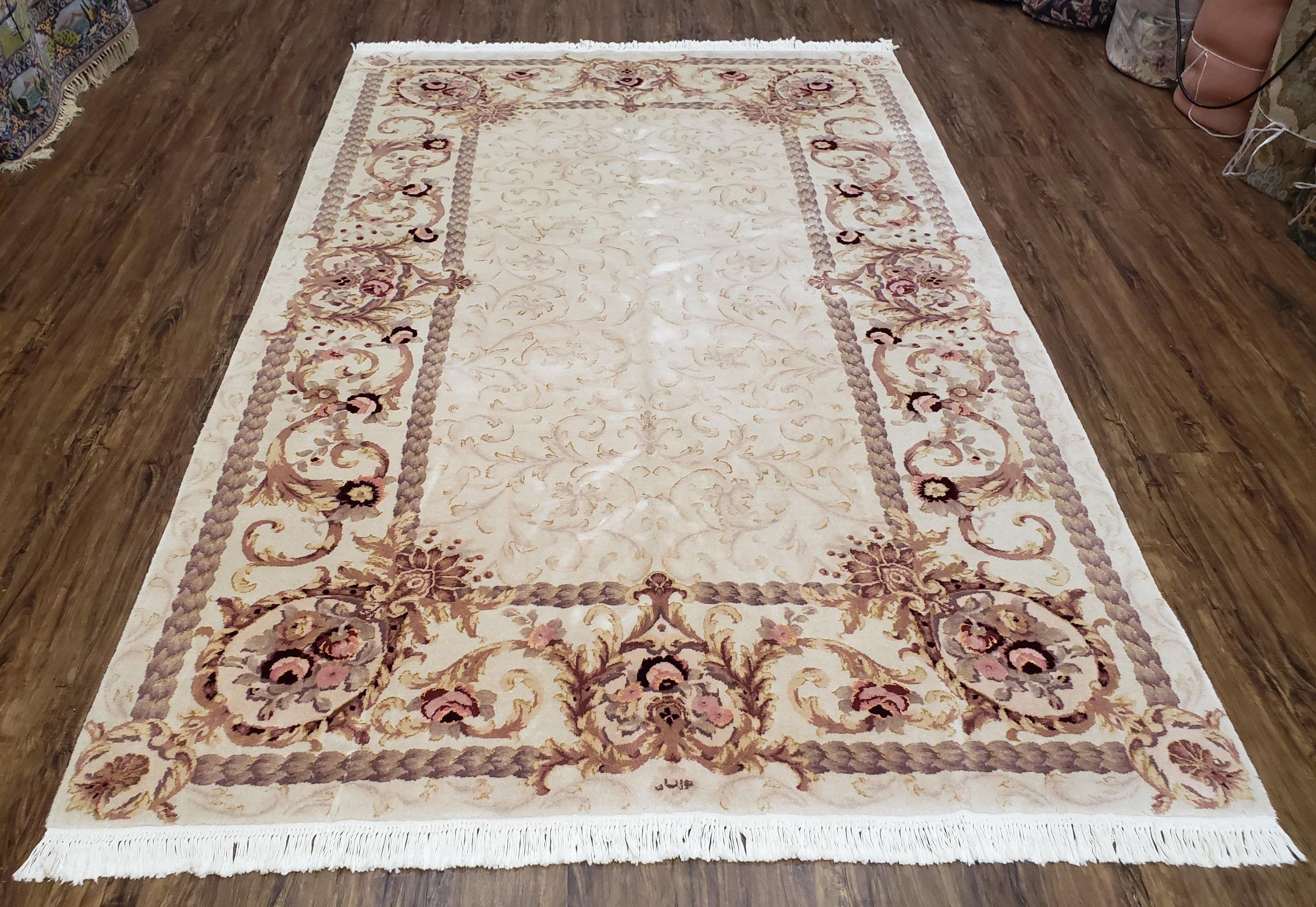 Vintage Ivory Chinese Aubusson Area Rug 6x9, Wool & Silk, Hand-Knotted 120 Line Fine Rug, European Design Carpet, 6 x 9 Master Signature Rug - Jewel Rugs