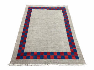 5' 7" x 7' 9" Geometric Kilim Carpet, Gray, Handmade, Hand-Knotted Area Rug, Blue & Red, Flatweave, Wool, New, Checkerboard Pattern - Jewel Rugs