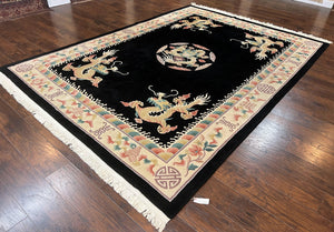 Chinese Wool Rug 8x11, Dragon Medallion and Dragon Corners, Black and Beige, Soft Wool, Asian Oriental Art Deco Carpet, Hand Knotted 90 Line - Jewel Rugs