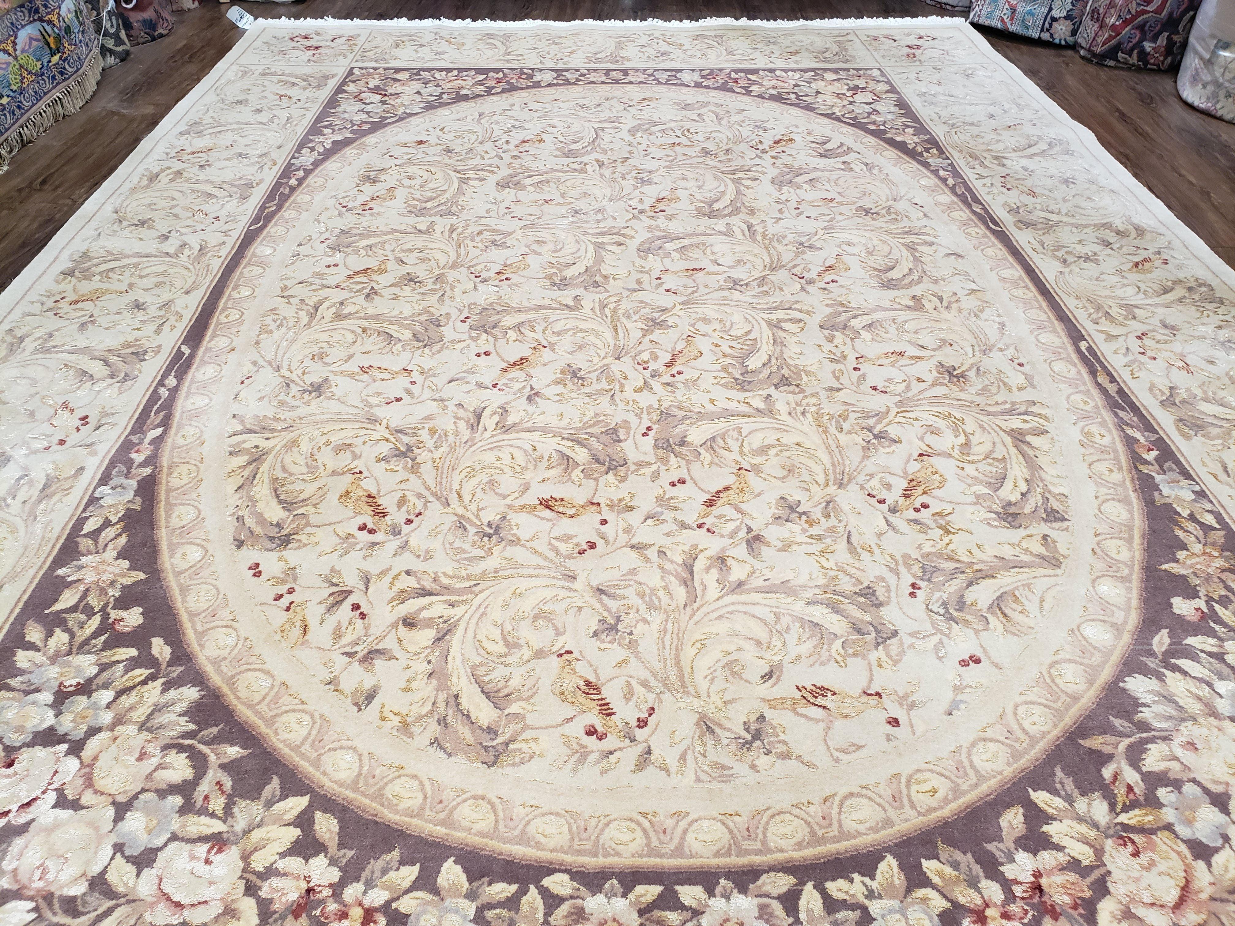Chinese Aubusson Savonnerie Area Rug 8x12, Vintage 120 Line Carpet, Wool and Silk Hand-Knotted, Birds Flowers Master Weaver Signature - Jewel Rugs