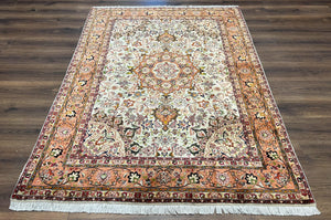 Stunning Persian Rug 5x7, Very Fine Authentic Persian Tabriz Carpet, 1960s Vintage Floral Medallion, Hand Knotted Wool Rug, Cream Salmon Gold - Jewel Rugs
