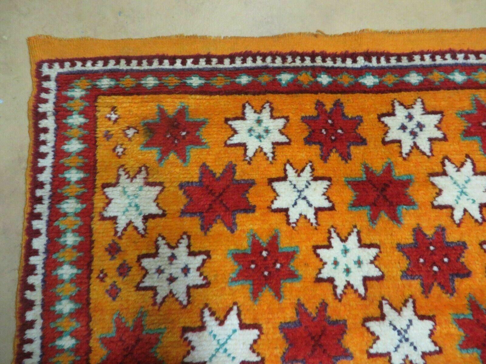 Vintage Moroccan Rug 4x5, Orange Ivory Red, Geometric Stars, Repeated Motif Allover, Hand Knotted Soft Wool Area Rug, Tribal Oriental Carpet - Jewel Rugs