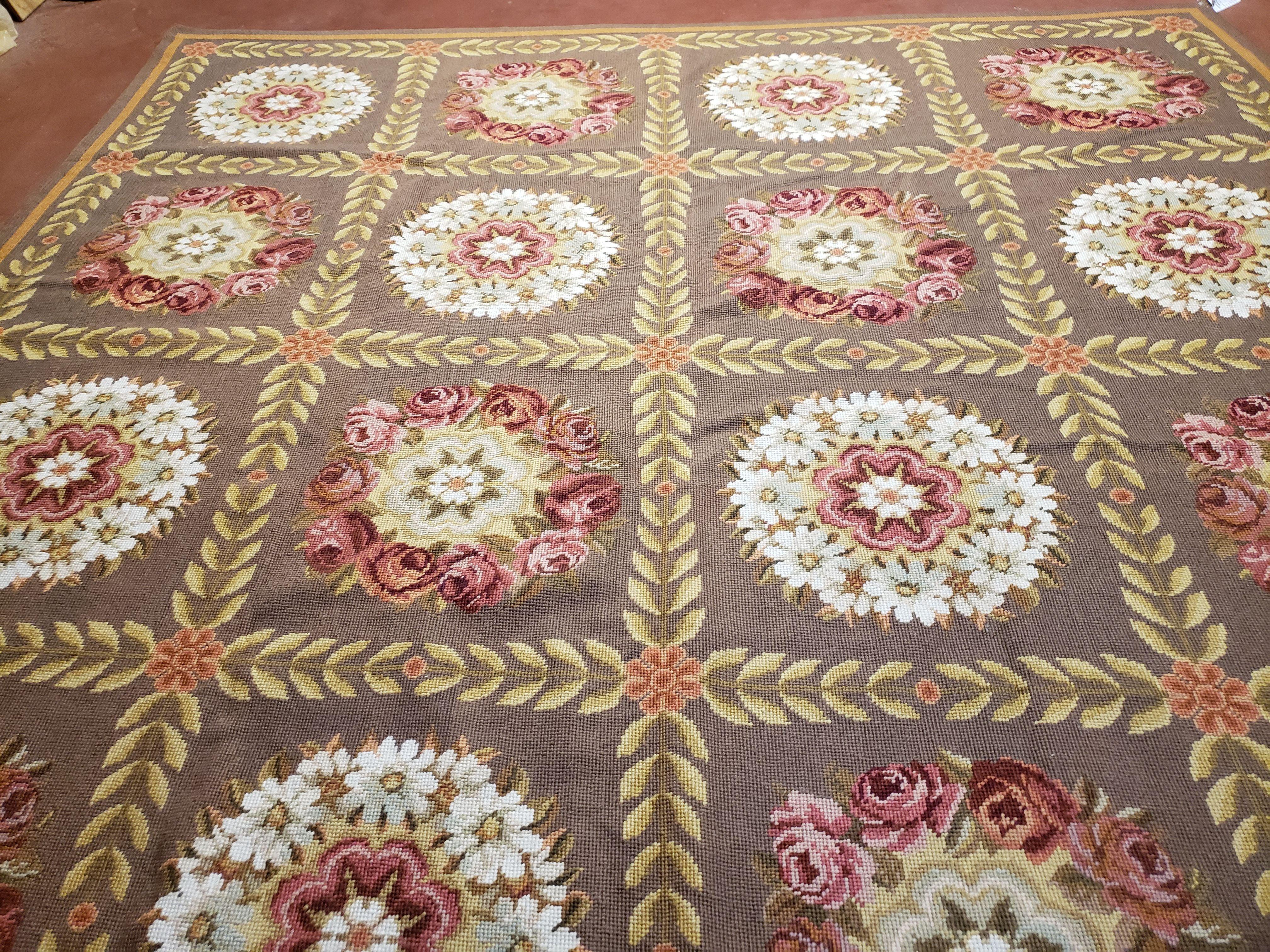 8x10 Needlepoint Rug New Aubusson Rug Panel Design Handmade Flatweave European Design French Needlepoint Rug Hand-Knotted Wool Area Rug - Jewel Rugs