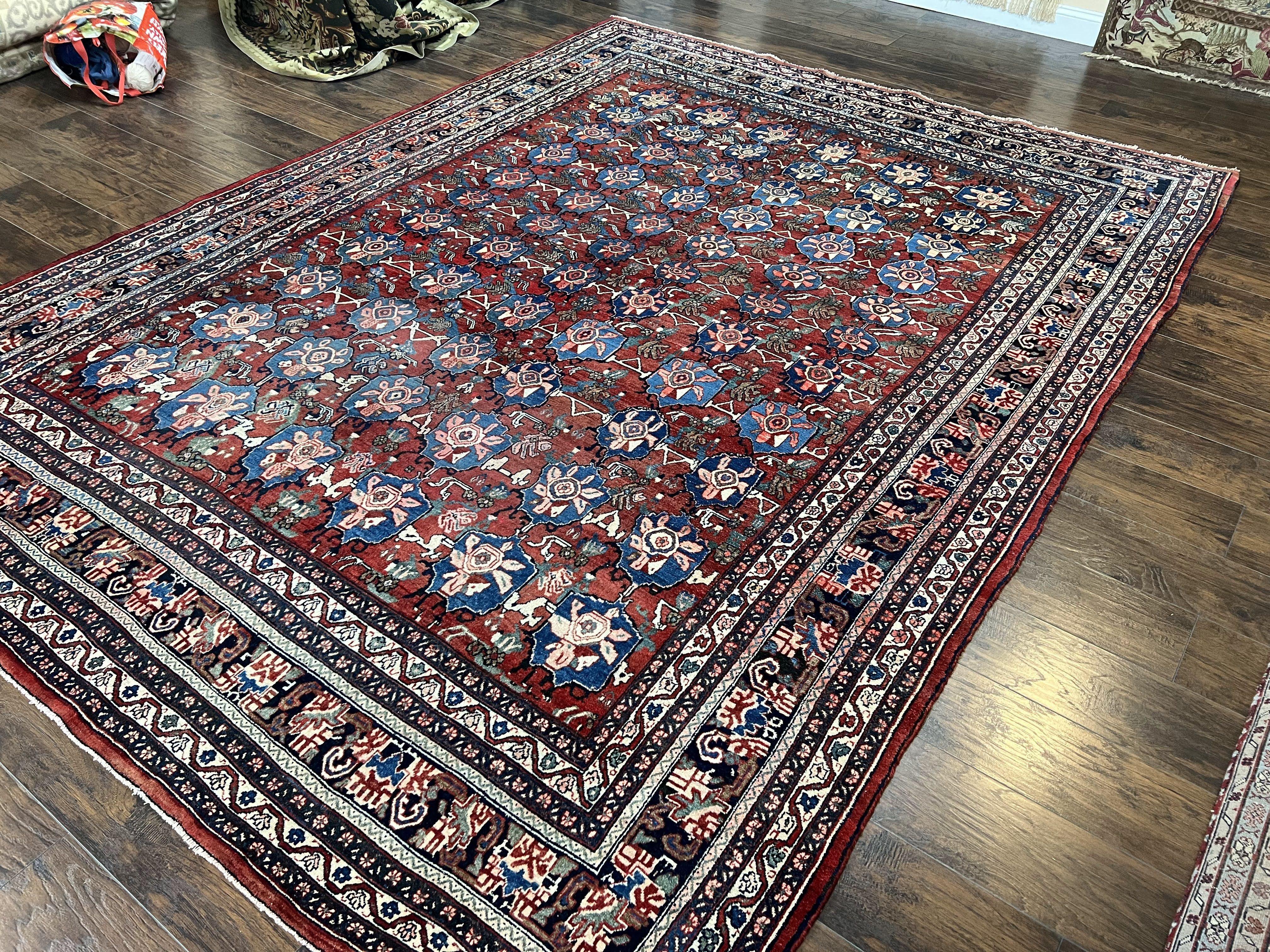 Beautiful Persian Bidjar Rug 9x12, Allover Repeated Motif 9 x 12 ft, Red Blue Cream, Hand Knotted Wool Bijar Oriental Carpet, 1950s Semi Antique Vintage - Jewel Rugs