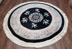 Vintage Chinese Art Deco Round Rug 5', Hand-Knotted Wool Chinese Black & Gray Carving 90 Line Asian Carpet, Plush 5x5 Round Rug, Soft - Jewel Rugs