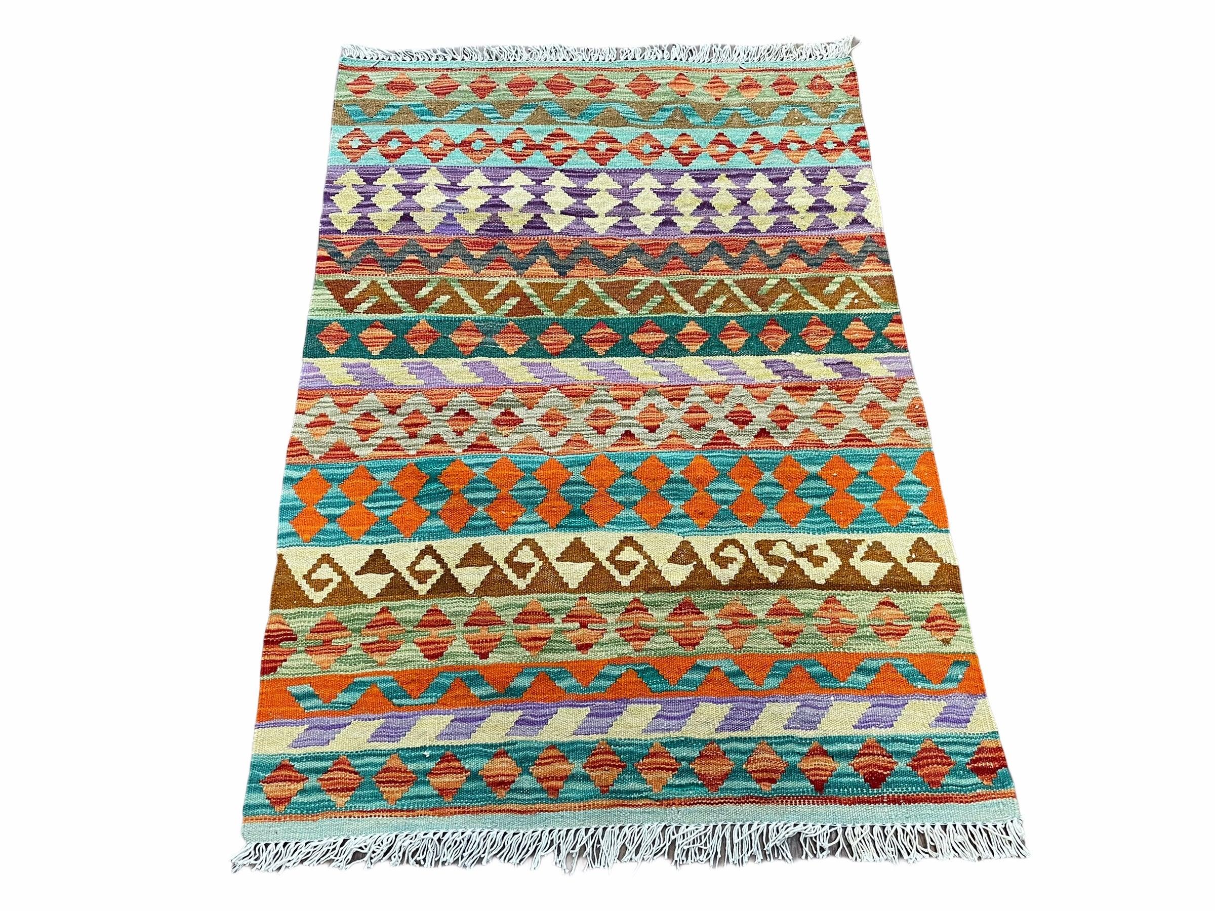 New 3x4 Kilim Rug Colorful Striped Kilim Rug Small Flatweave Multicolor Kilim 3 x 4 Small Kilim Wool Rug, Tribal Turkish Anatolian Kilim Rug - Jewel Rugs