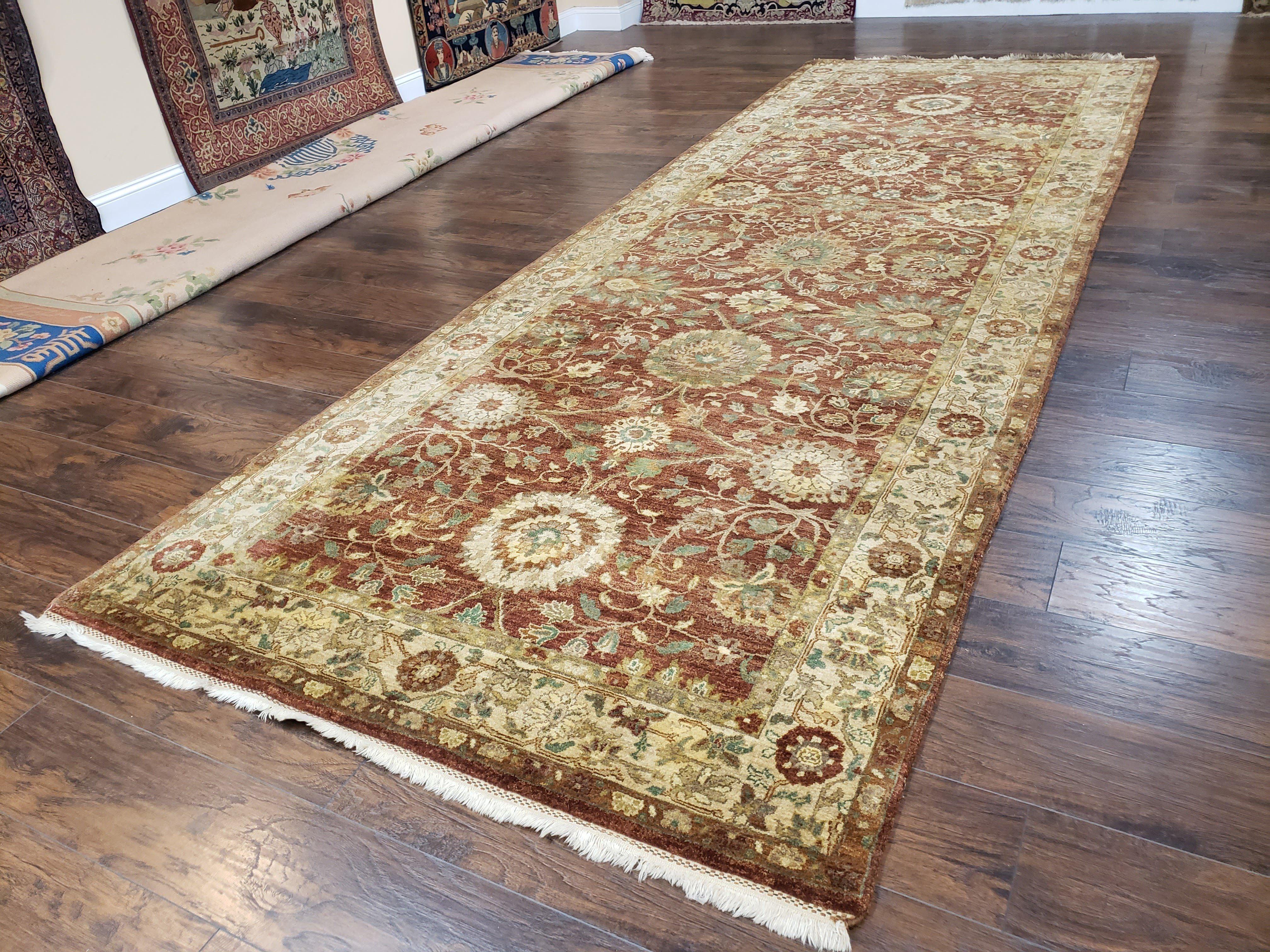 Wide Runner Rug 5 x 14.5, Vintage Indian Mahal Agra Hallway Carpet, Indo Persian Rug, Teawash, Handmade Wool Allover Large Flowers Red Beige - Jewel Rugs