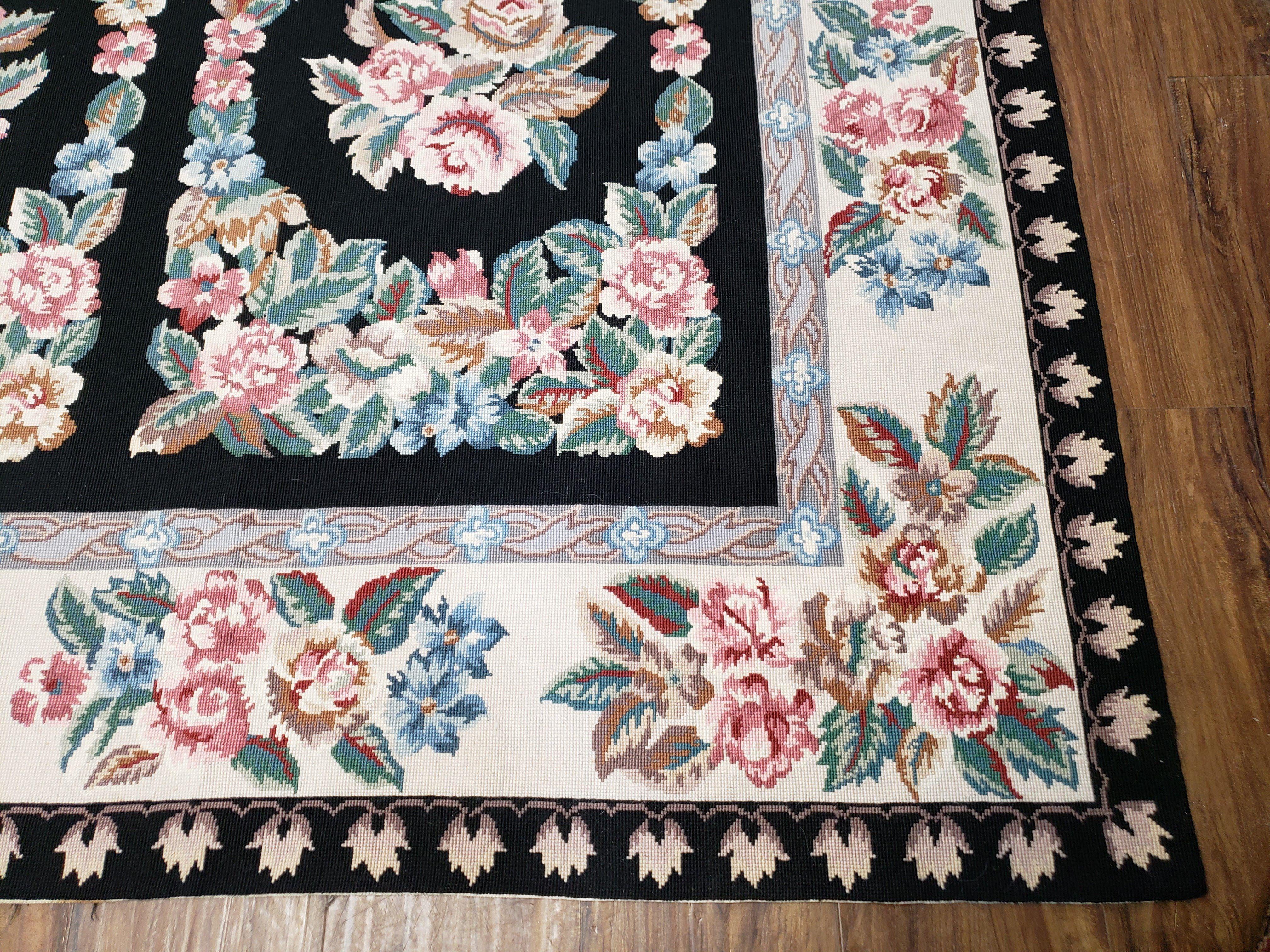 Floral Needlepoint Rug 9.5 x 13.6, Floral Panel Design, Black and Ivory Flatweave Aubusson Carpet, Multicolor - Jewel Rugs