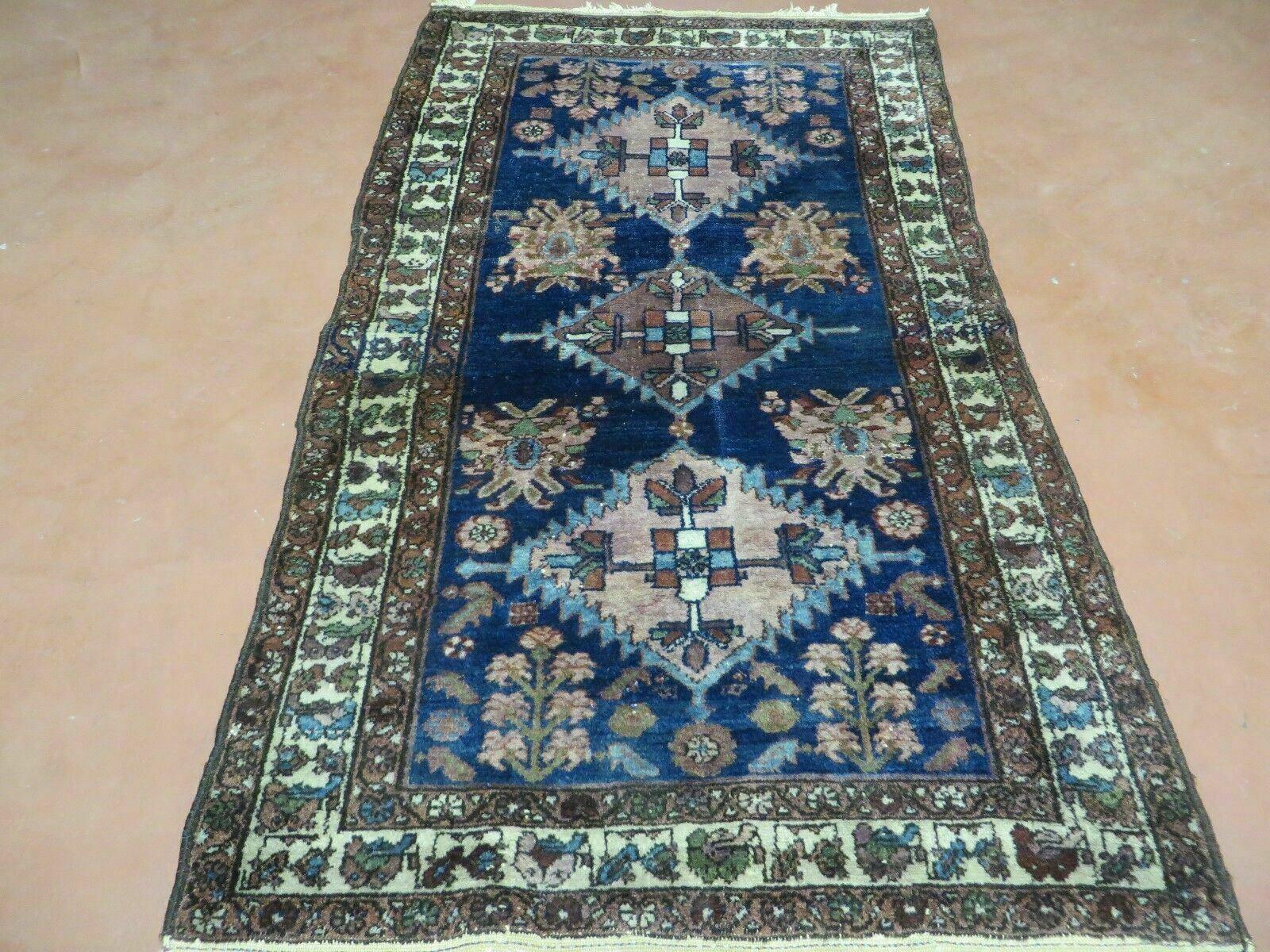 Blue Vintage Persian Hamadan Rug, Wool, Hand-Knotted, 4x6 ft - Jewel Rugs