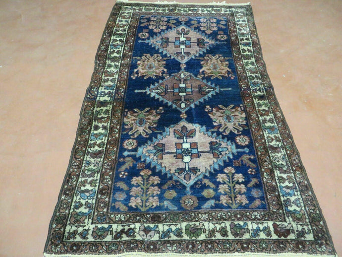 Blue Vintage Persian Hamadan Rug, Wool, Hand-Knotted, 4x6 ft - Jewel Rugs