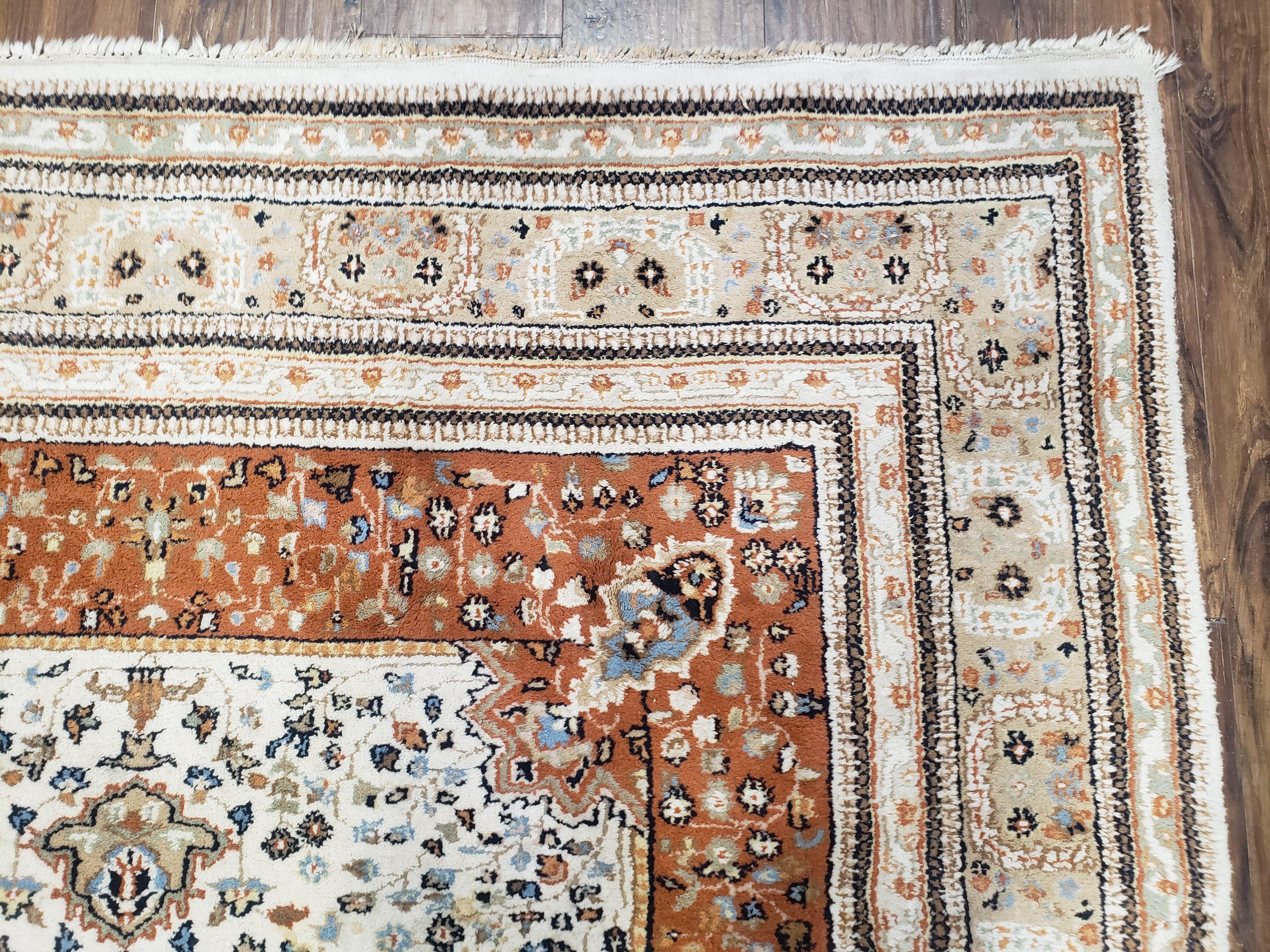 6x9 Vintage Indo-Persian Area Rug, Wool Hand-Knotted Carpet, Ivory & Squash Orange, Floral Medallion Tribal Rug, Indian Carpet, Decorative - Jewel Rugs