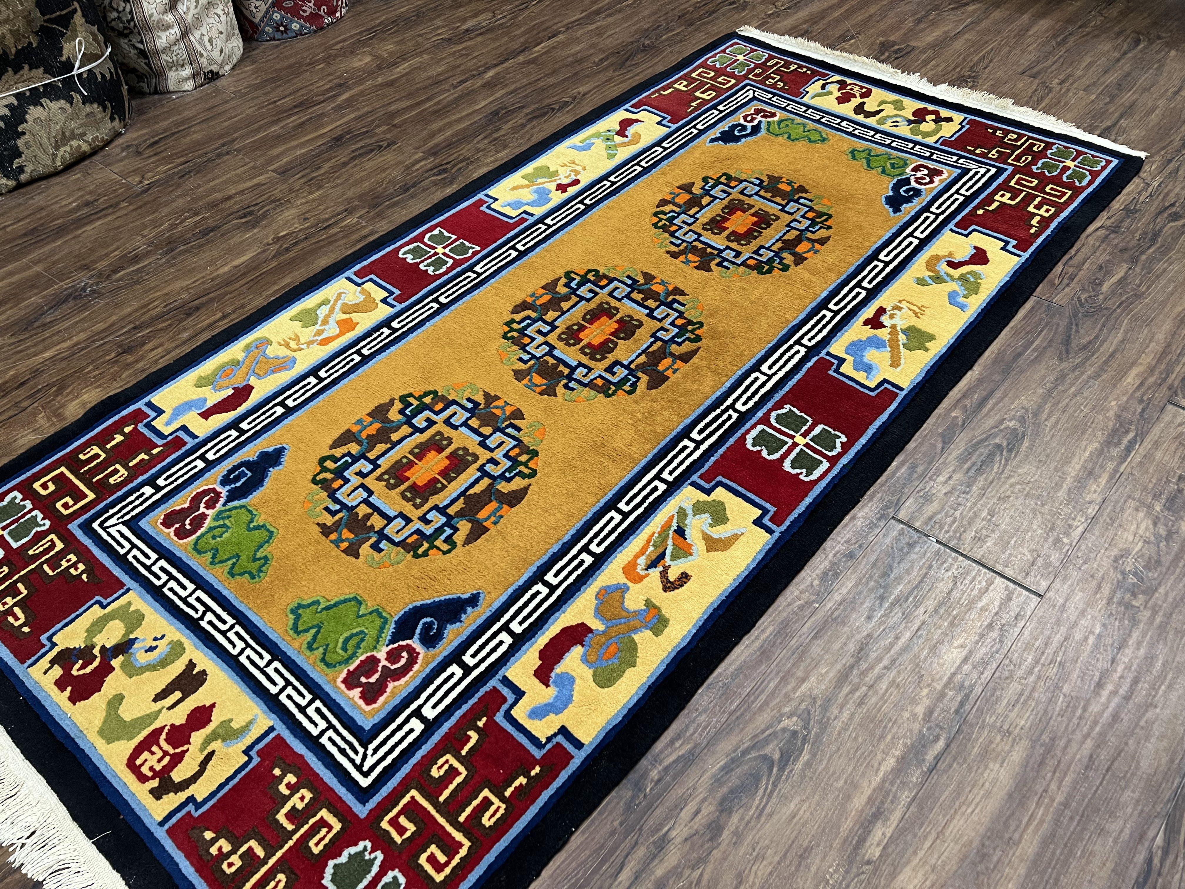 Vintage Chinese Art Deco Rug 3x6, Orange Dark Blue Maroon Chinese Peking Carpet, Asian Oriental Wool Rug, Bold Colors, Bedroom Rug, Hallway - Jewel Rugs