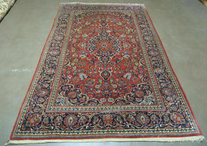 Persian Kashan Rug 4x7, Red and Navy Blue Semi Antique Vintage Wool Oriental Carpet, Hand Knotted Rug, Floral Medallion, High Quality Fine Carpet - Jewel Rugs
