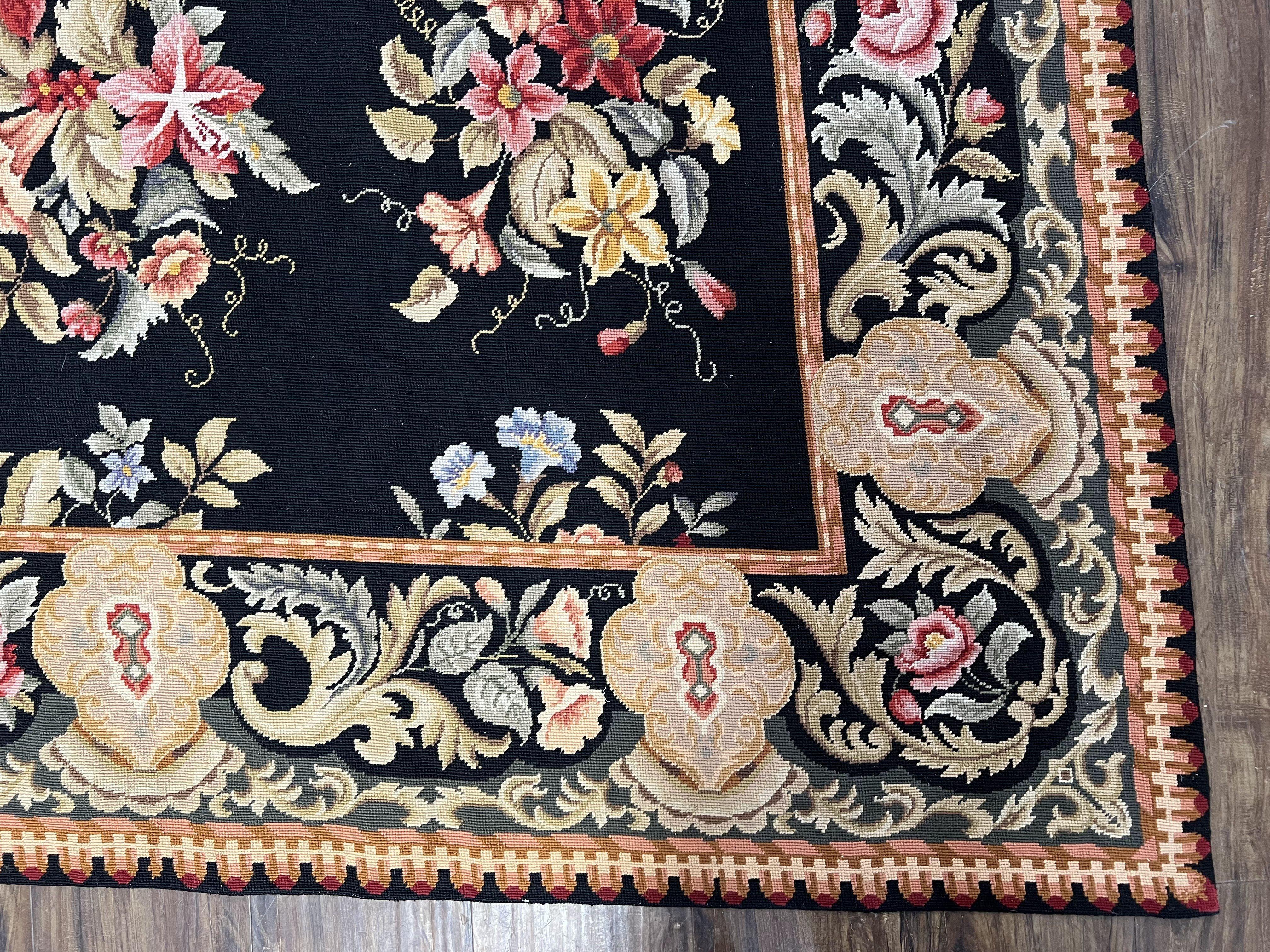 Vintage Chinese Needlepoint Rug 6x9, Floral Panel, Garden Design, European French English, Black with Multicolor Flowers, Wool Needlepoint - Jewel Rugs