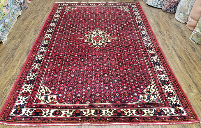 Vintage Persian Hamedan Rug, Angelas Mahi Pattern, Red, Wool, Hand-Knotted, 6'9