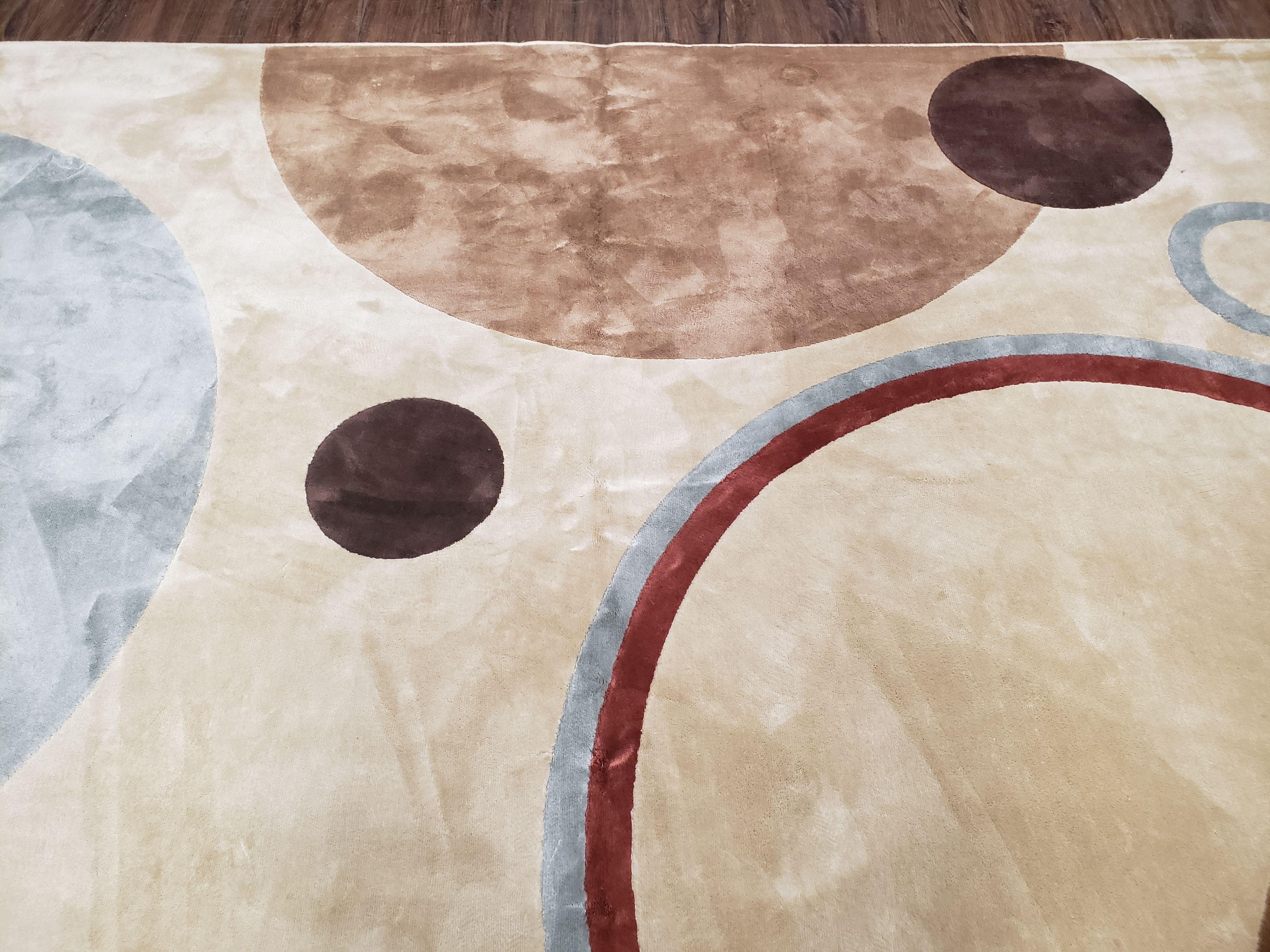 8x11 Modern Rug, 8 x 11 Abstract Area Rug, Circles, Cream, Tan, Art Silk, Soft Carpet - Jewel Rugs