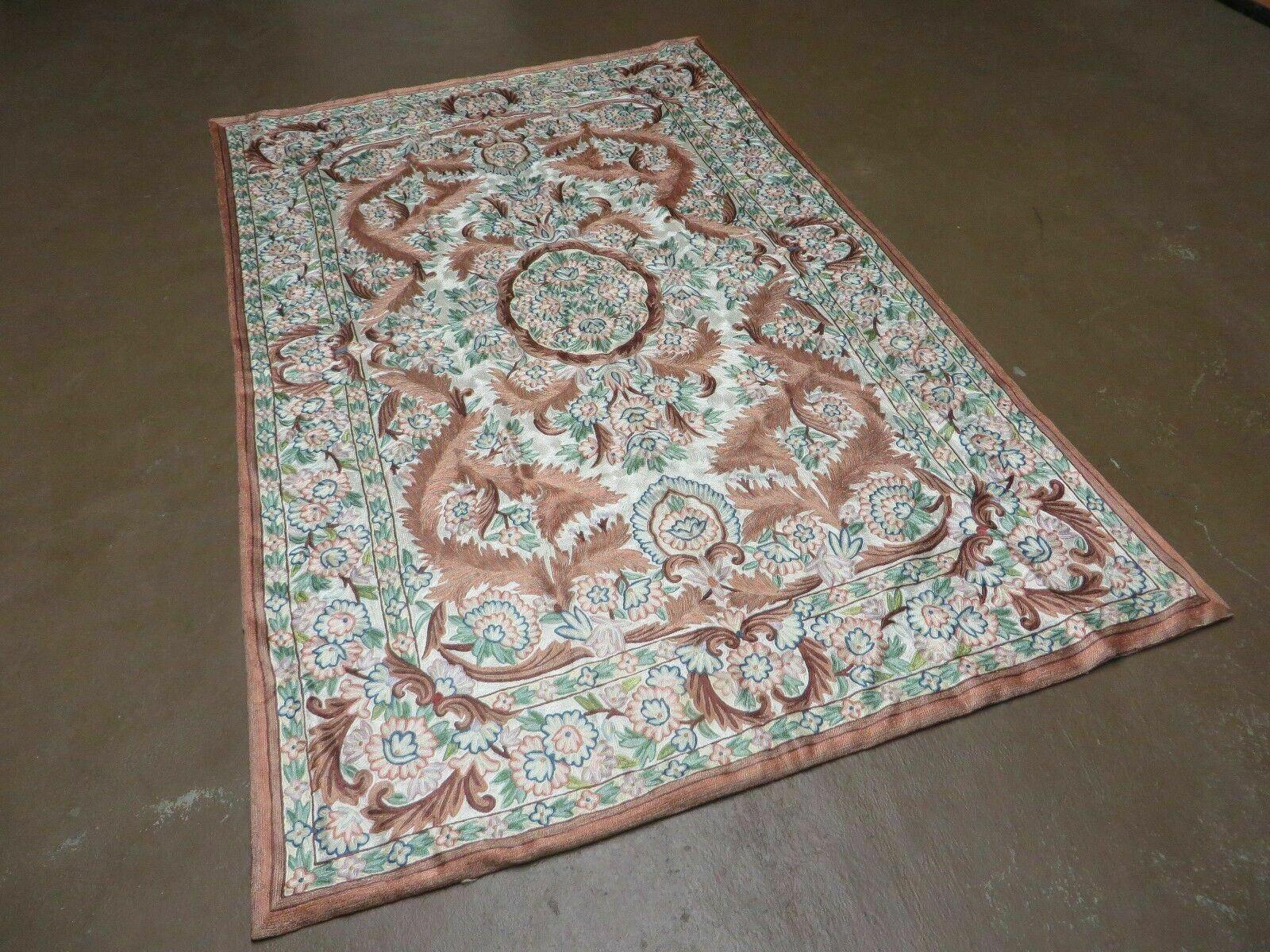 4' X 6' Vintage Embroidery Hand Stitched Rug Silk On Cotton India Backing Nice - Jewel Rugs