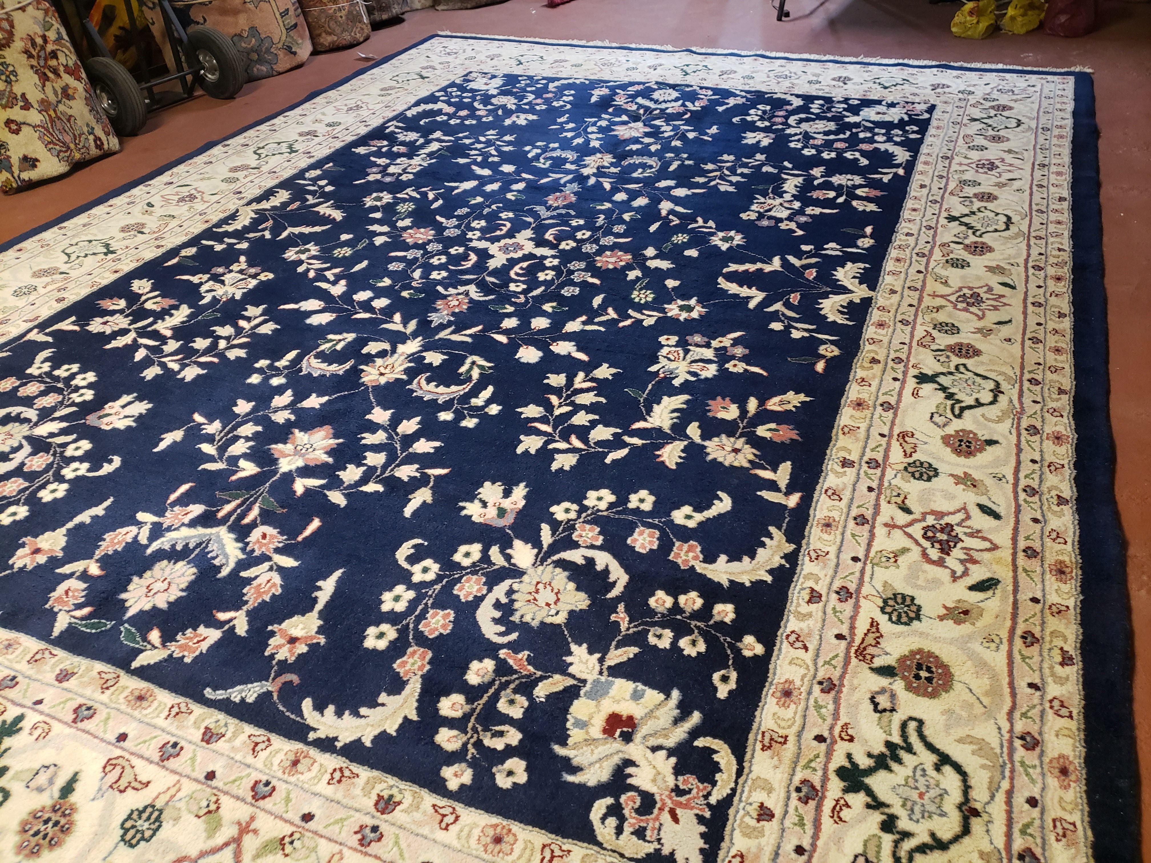 9x12 Pak Persian Floral Rug, 9 x 12 Pakistani Peshawar Rug, Midnight Blue Rug, Beige & Ivory, Hand-Knotted Oriental Carpet, Living Room Rug - Jewel Rugs