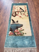 Vintage Chinese Tapestry Wall Hanging Rug 2x5 Hand-Knotted Chinese Silk Wall Hanging, Teal Cream 1960s Art Deco Tapestry Carpet Birds Pair A - Jewel Rugs