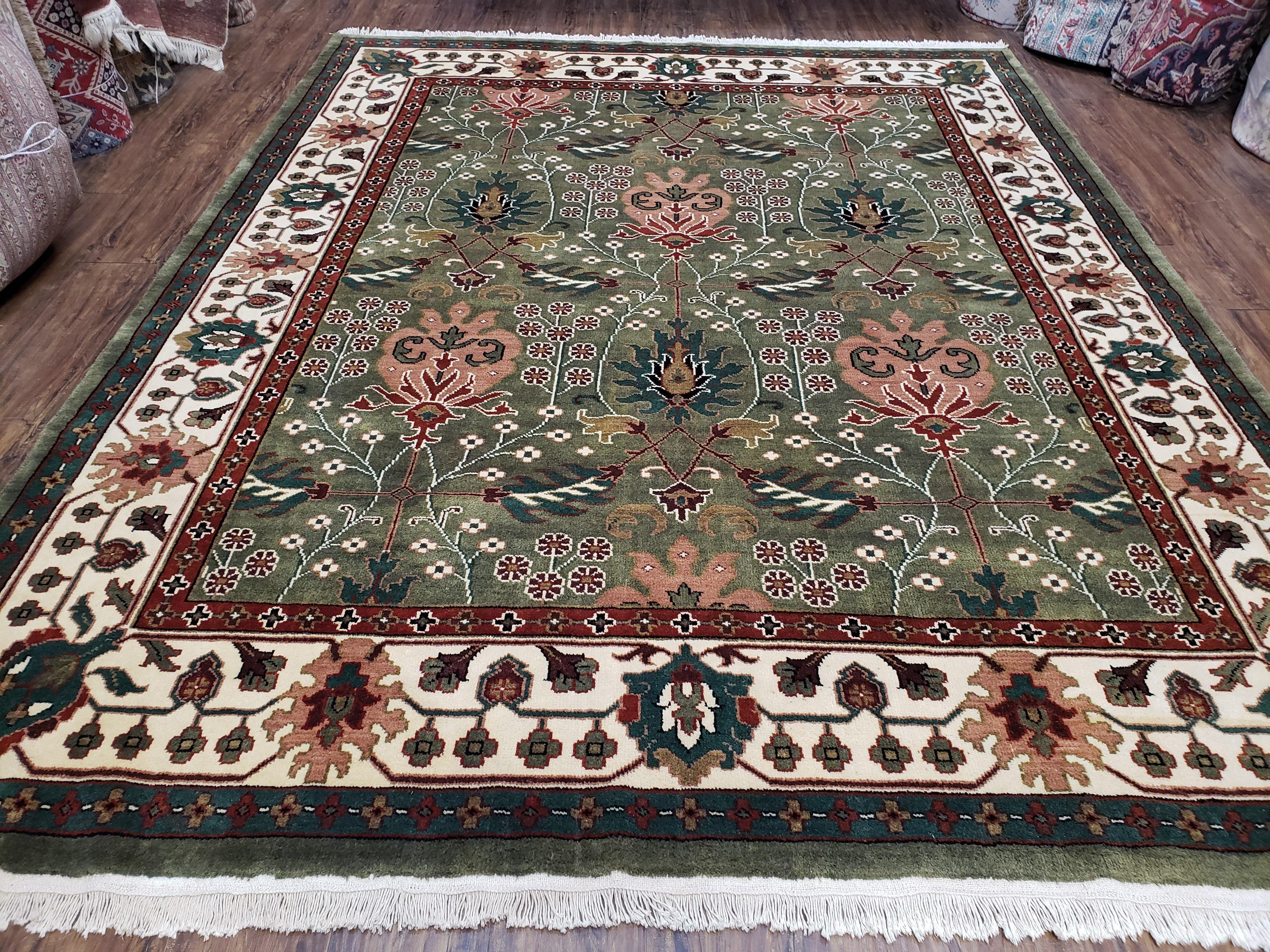 Indo Persian Rug 8x10, Green Indian Carpet, Indo Mahal Room Sized Rug, Green and Ivory Rug, Traditional Oriental Carpet, Wool, Soft Pile - Jewel Rugs