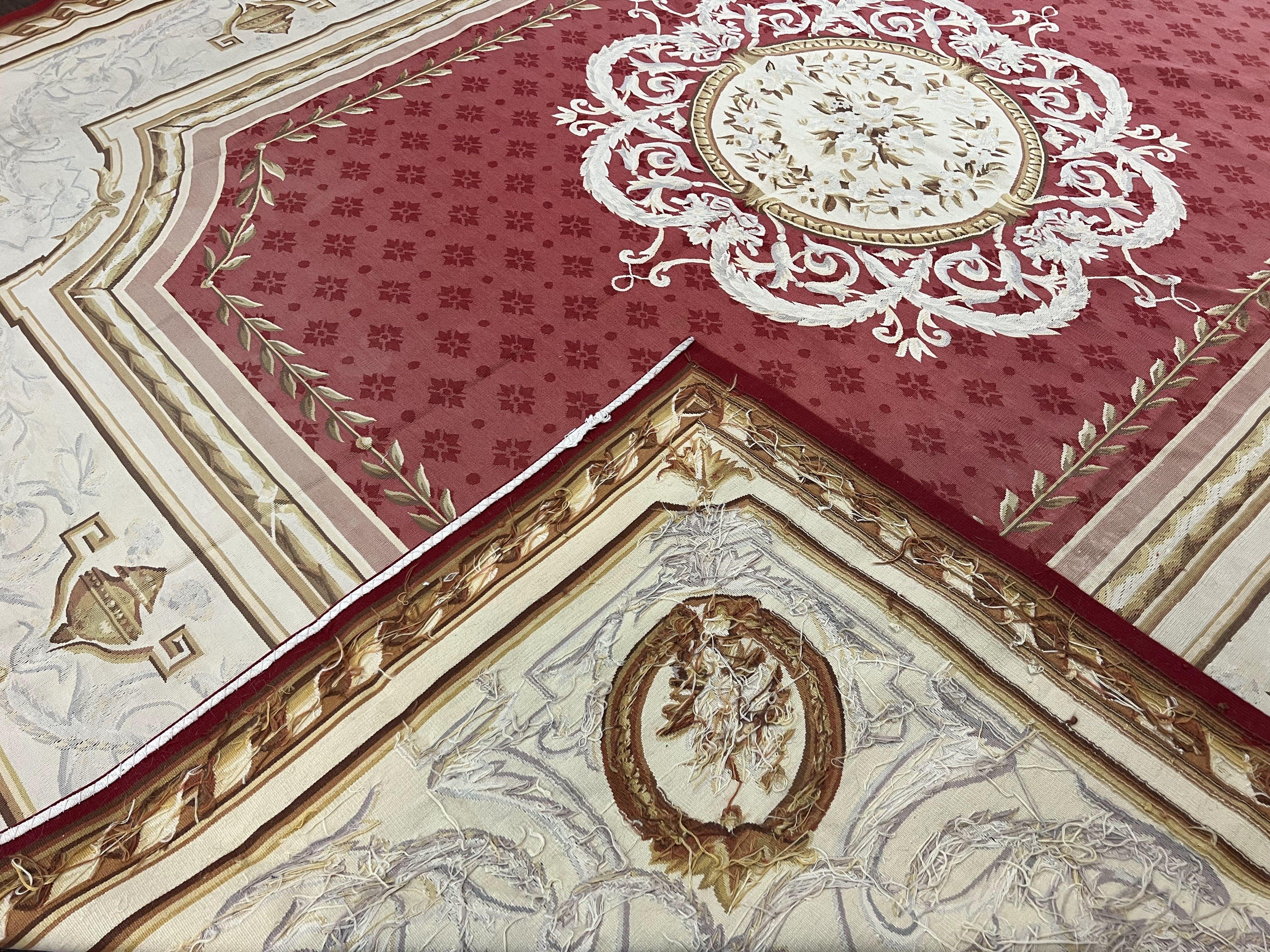 Aubusson Rug 9x12 ft, Red and Ivory Elegant Aubusson Carpet, Flatweave, Vintage Wool Handmade Area Rug 9 x 12, French European Design - Jewel Rugs