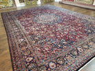 Antique Persian Mashad Rug, Palace Size, Hand-Knotted, Wool, Allover Floral with Medallion, Ruby Red and Dark Blue, 11' x 15' - Jewel Rugs