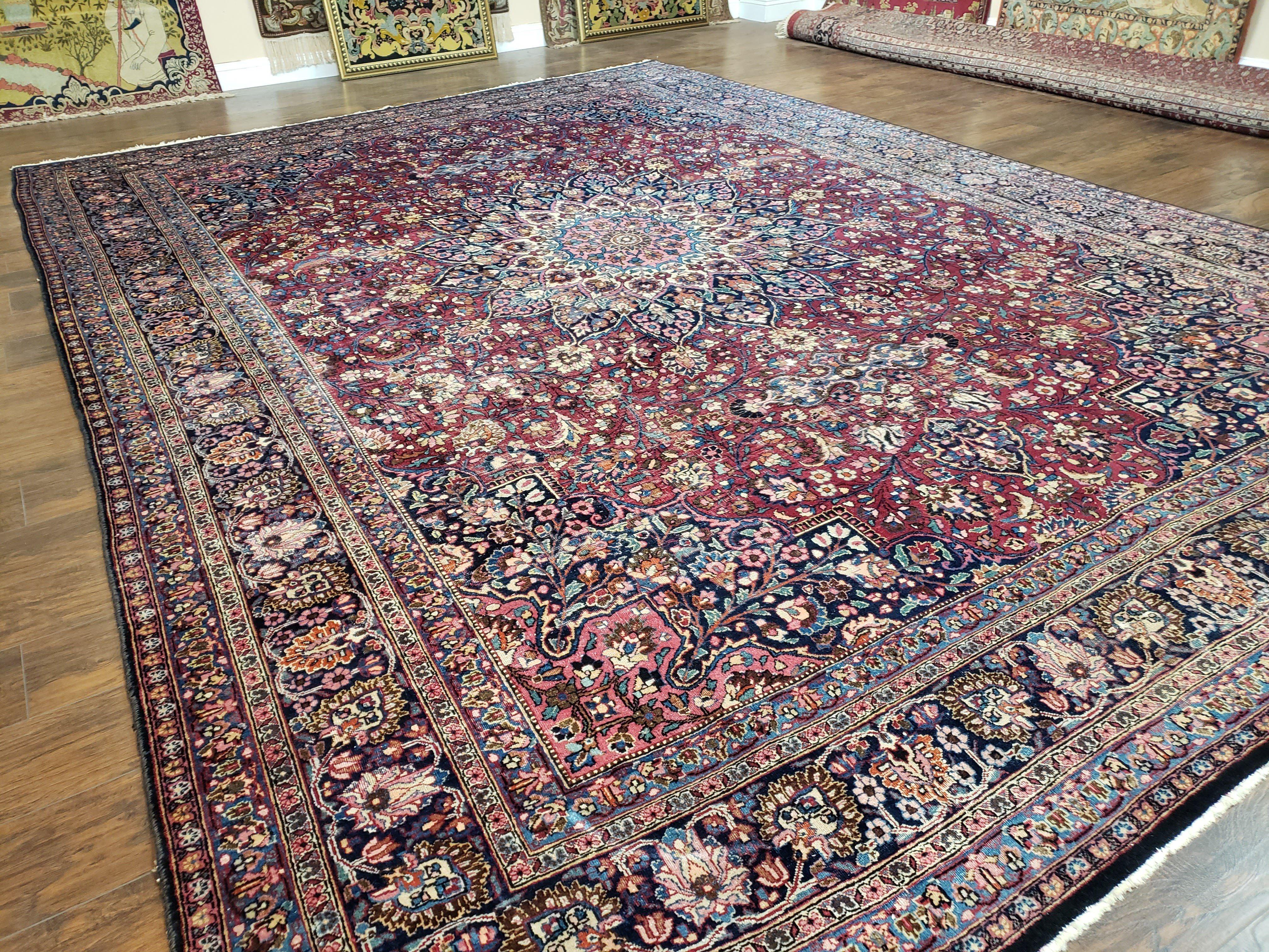 Antique Persian Mashad Rug, Palace Size, Hand-Knotted, Wool, Allover Floral with Medallion, Ruby Red and Dark Blue, 11' x 15' - Jewel Rugs