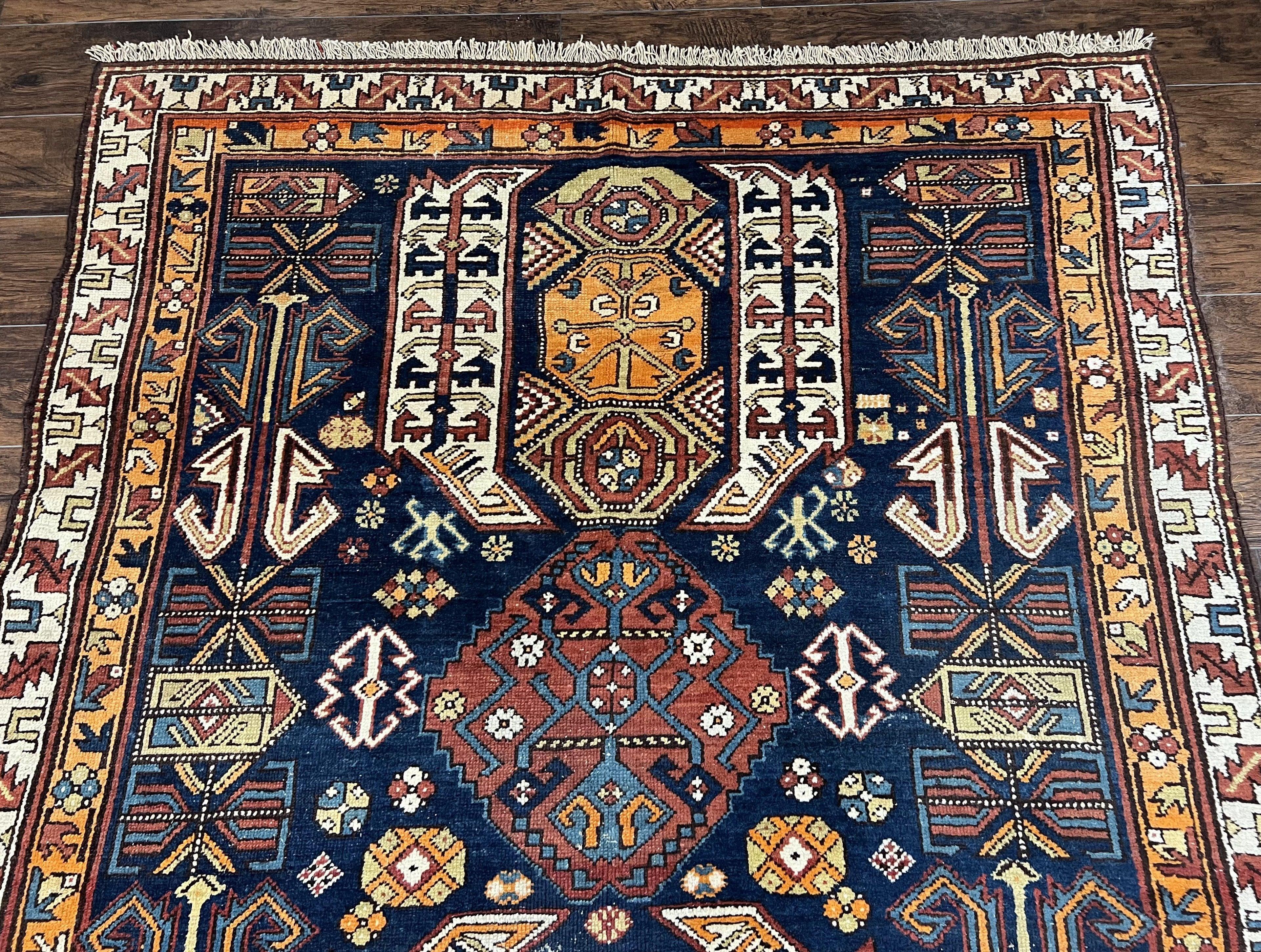 Antique Persian Kurdish Rug 5.6 x 9.8, Kurdish Tribal Carpet, Wool Tribal Rug, Geometric Rug, Bohemian Rug, Boho Rug, Navy Blue Cream Orange - Jewel Rugs