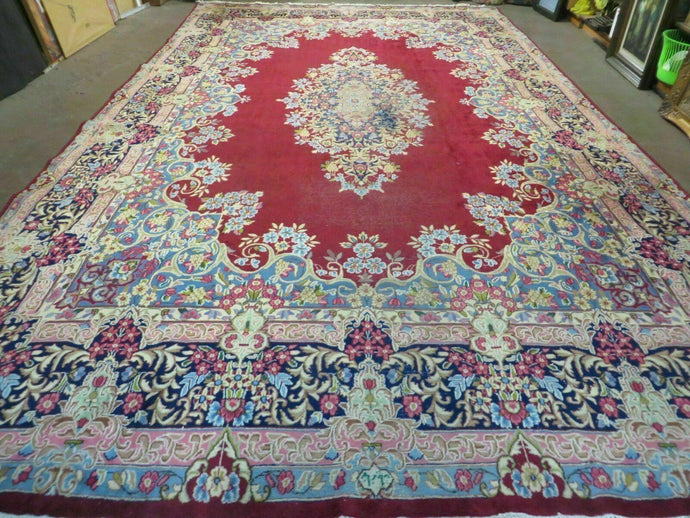 Antique Persian Kirman Rug 10x17 Oriental Carpet 10 x 17, Red, Multicolor, Namazian Signature Master Weaver, Shabby Chic, Semi Open Field - Jewel Rugs