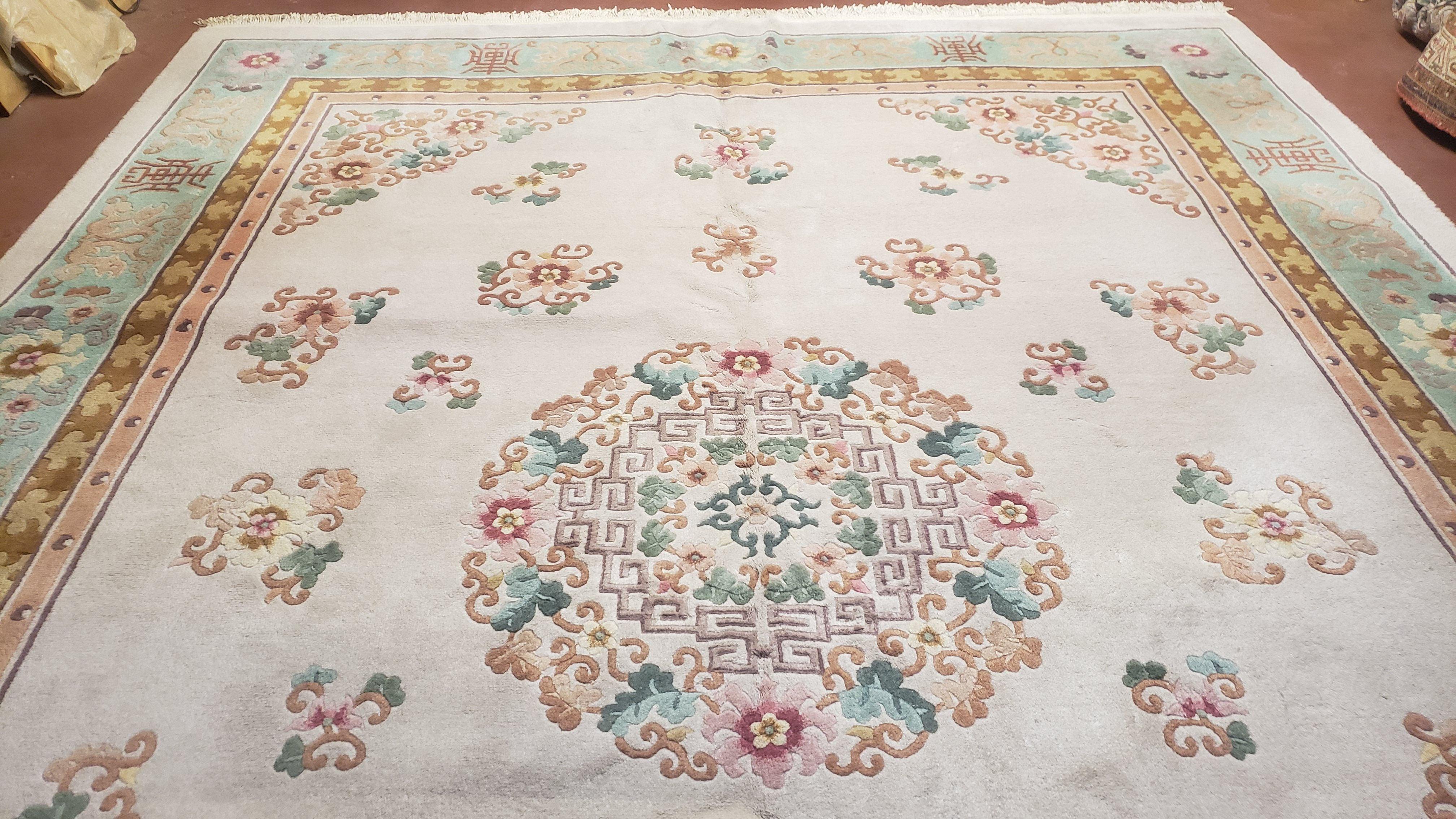 Vintage Chinese Art Deco Rug 9x12, Beige Art Deco Carpet 9 x 12, Handmade Hand Knotted Soft Plush Wool Area Rug 9 by 12 - Jewel Rugs