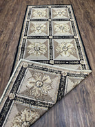 Needlepoint Runner Rug 3x8 Panel Design Rug, Flatweave Runner Rug, English Design, Floral, Short Runner Rug, Black and Beige Wool Hand-Woven - Jewel Rugs