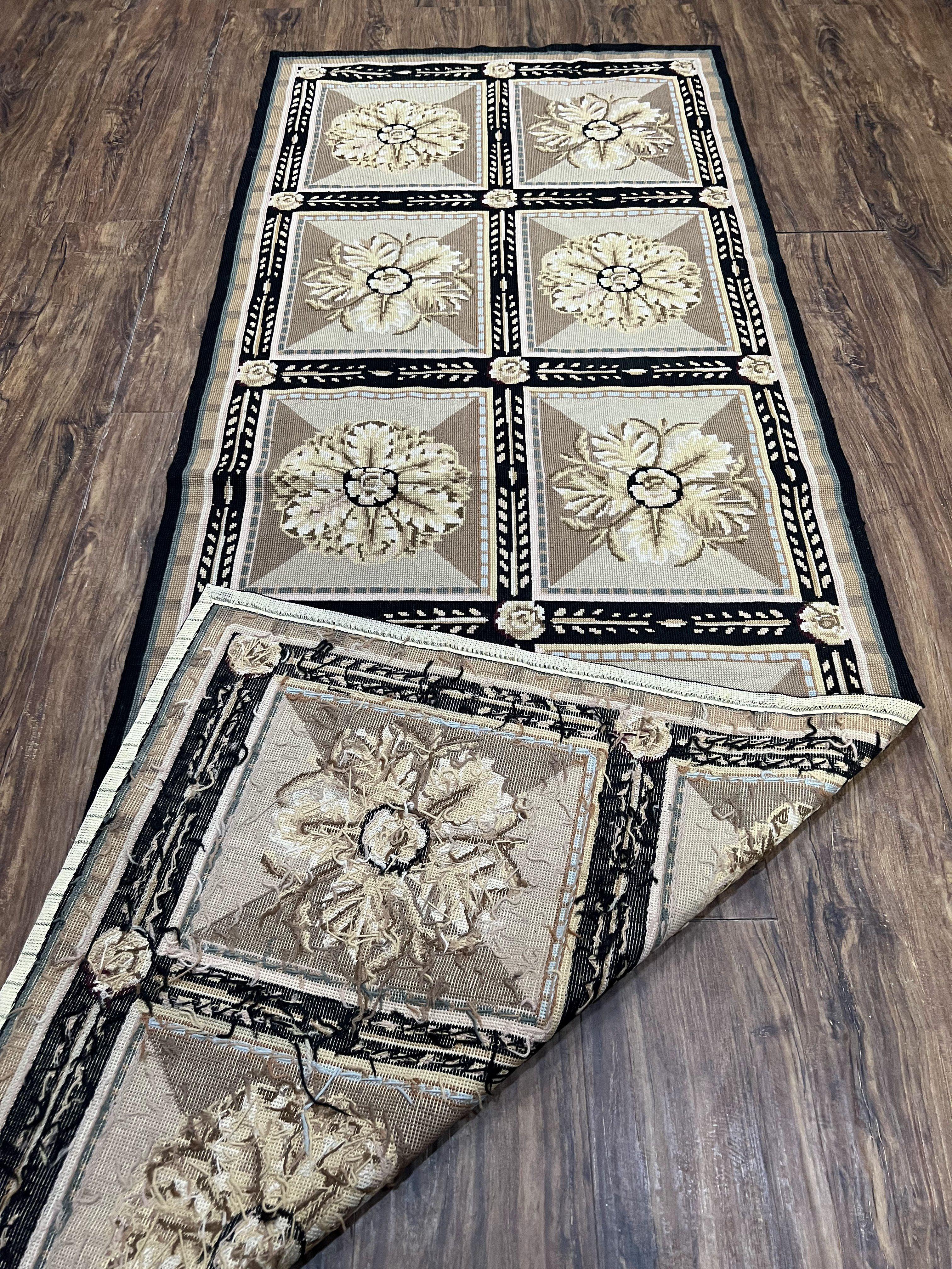 Needlepoint Runner Rug 3x8 Panel Design Rug, Flatweave Runner Rug, English Design, Floral, Short Runner Rug, Black and Beige Wool Hand-Woven - Jewel Rugs