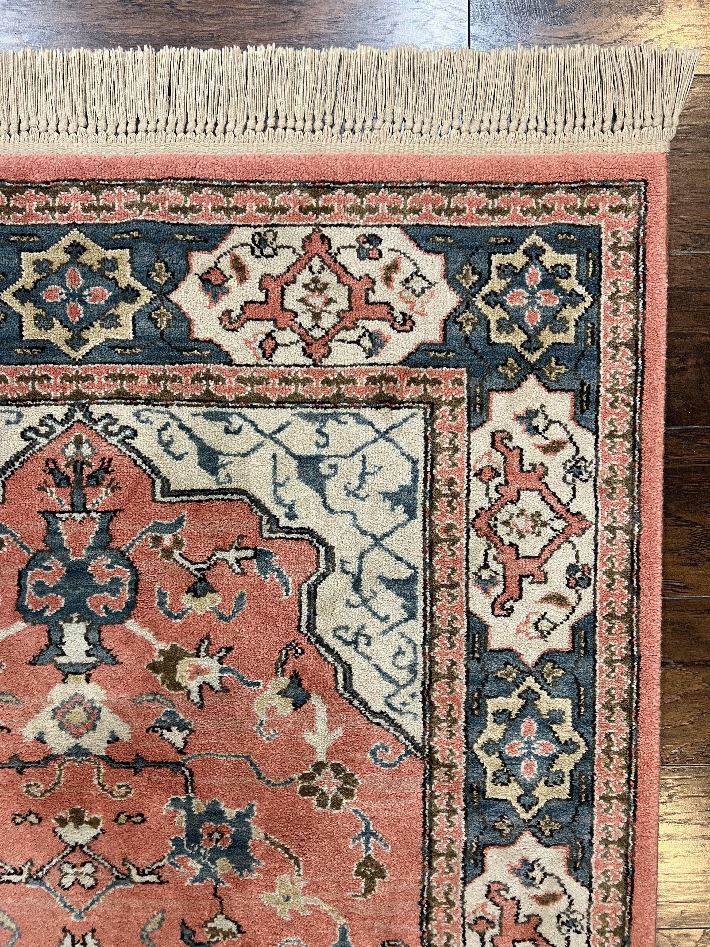 Karastan Rug 4x6 Bergama Design #737, Karastan Area Rug, Vintage Wool Karastan Carpet, Original Collection 700 Series, Salmon Red Light Blue - Jewel Rugs