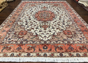 Wonderful Persian Tabriz Rug 9x12, Floral Medallion, Ivory and Salmon Red, Hand Knotted, Wool with Silk Accents, Very Fine Vintage Oriental Carpet - Jewel Rugs