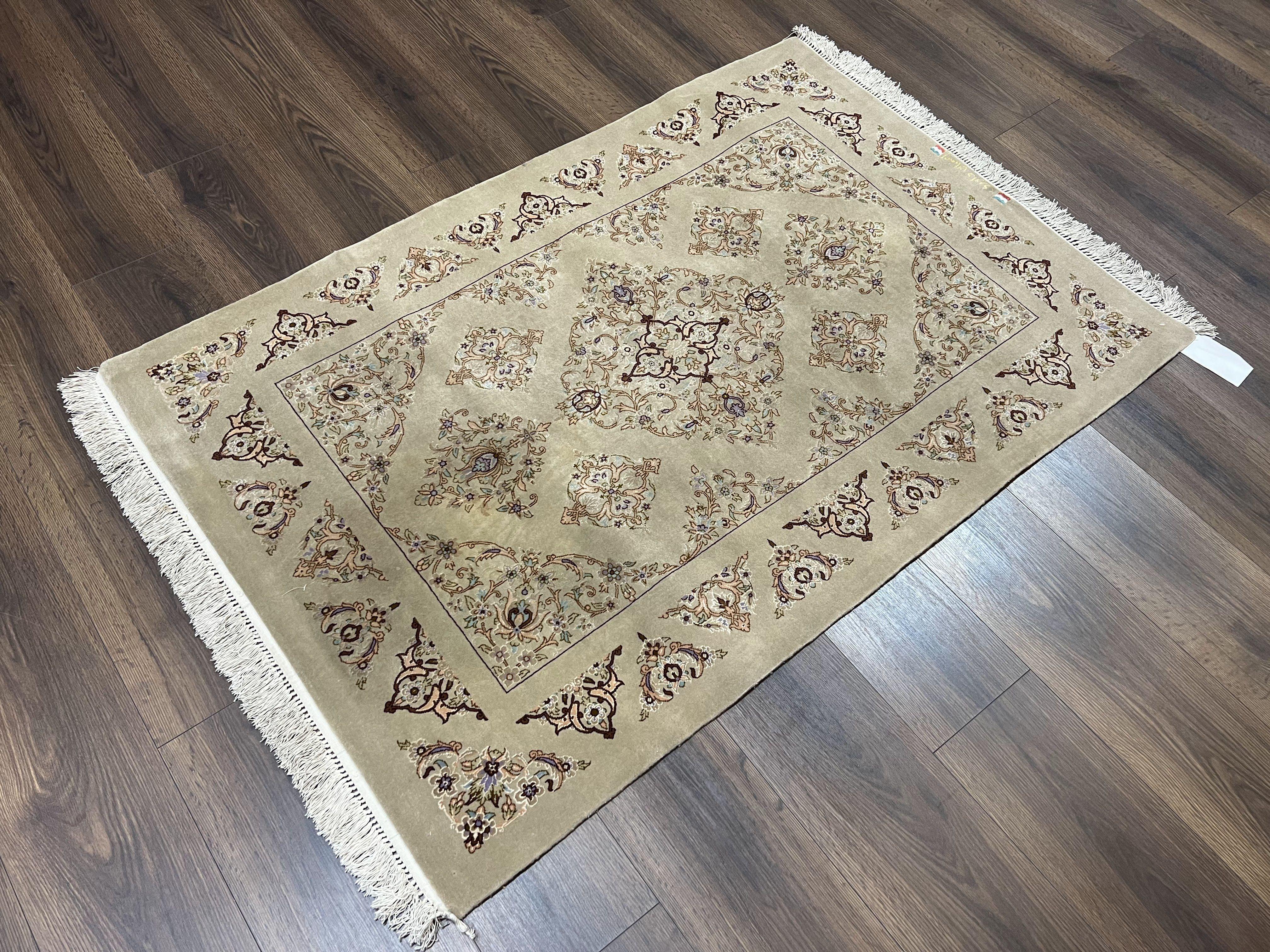 Very Fine Persian Isfahan Rug 3x5 ft with Signature, Kork Wool on Silk Foundation, Gray-Taupe Vintage Hand Knotted Oriental Carpet, 60 Raj 460 KPSI - Jewel Rugs