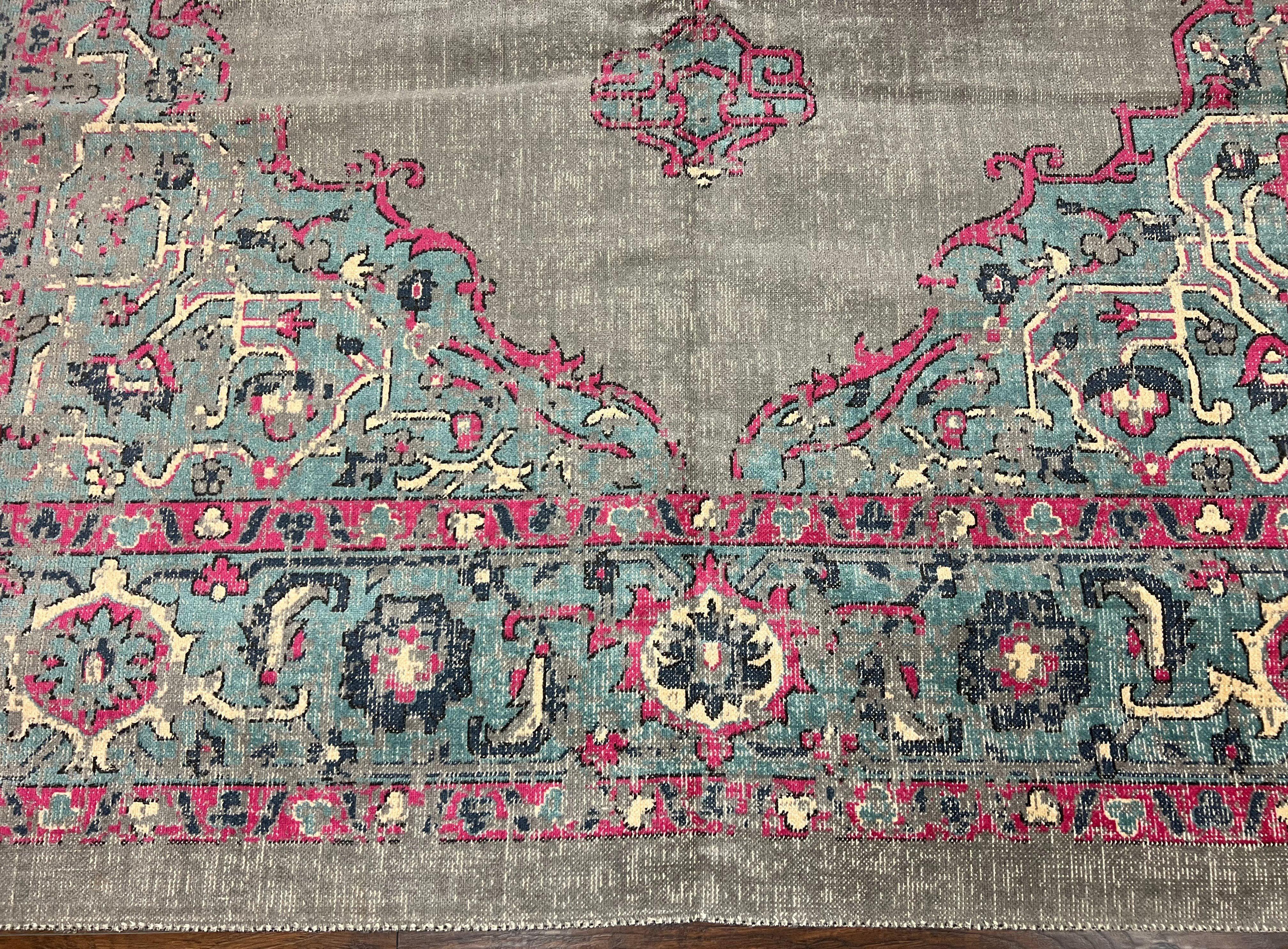 Safavieh Artison Rug 9x12, Turkish Power Loomed Carpet 9 x 12 ft, Antique Heriz Look, Light Gray Light Blue Hot Pink, Medallion Rug - Jewel Rugs