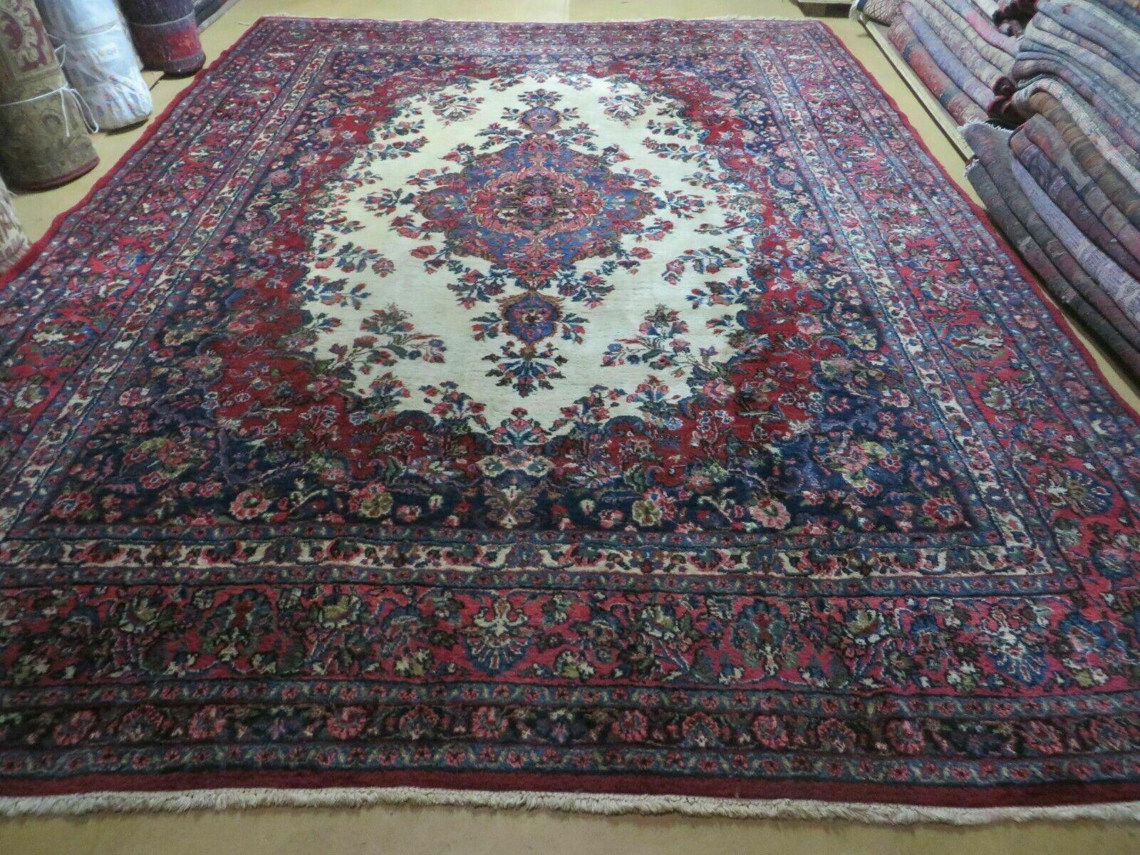 9x12 Persian Sarouk Rug - Semi Open Field Medallion Rug - Ivory Red Blue Hand Knotted Wool Oriental Carpet 9 x 12 Antique Rug - Vegetable Dyes - Jewel Rugs