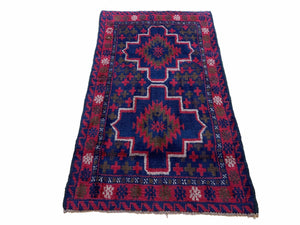 2' 9" X 4' 5" Vintage Handmade Tribal Wool Rug Balouchi Rug Afghan Rug Red Blue - Jewel Rugs