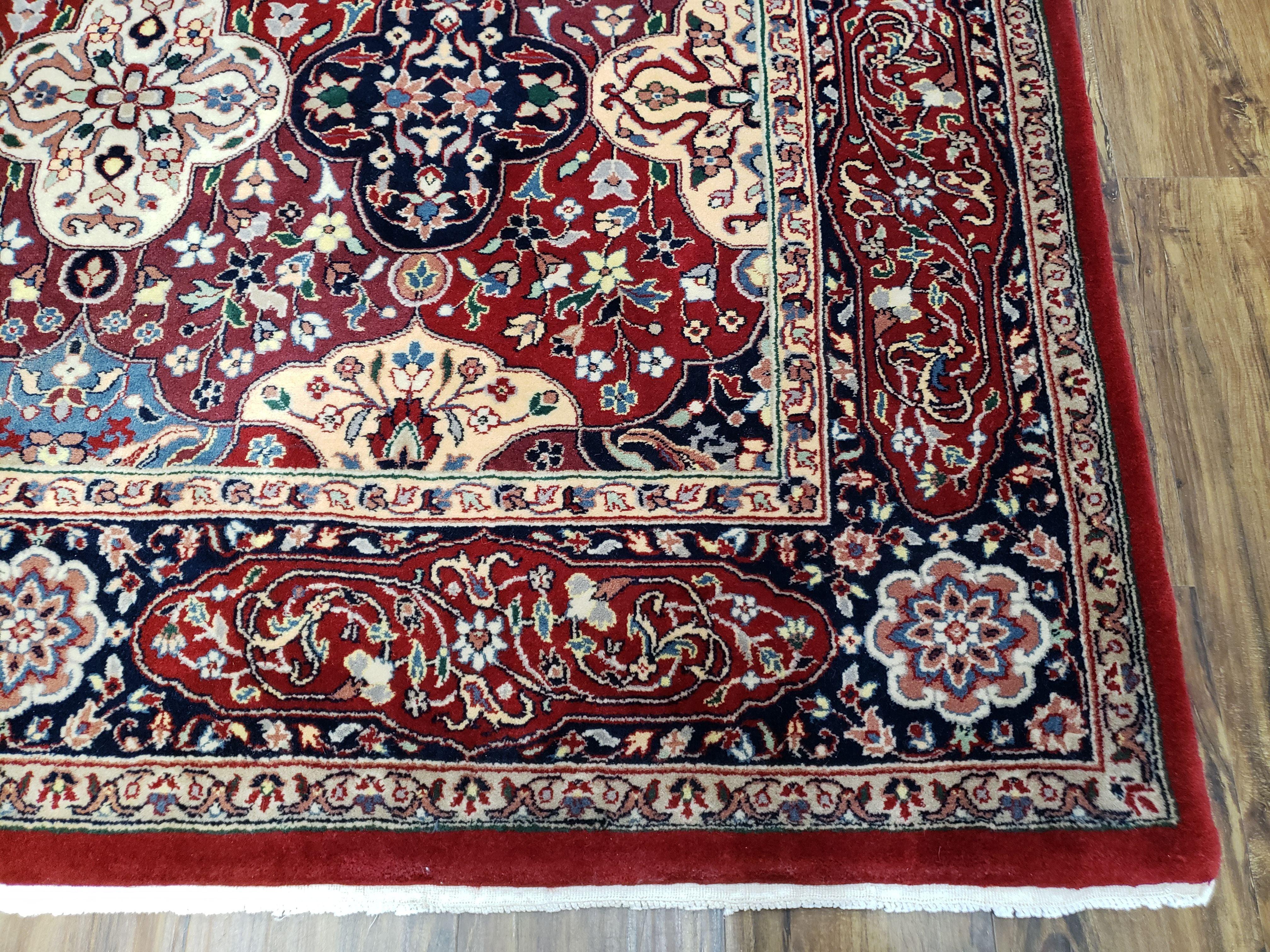 Vintage Indian Area Rug, Persian Design, Hand-Knotted Wool Carpet, Red Indo-Kirman Panel Design Rug, Birds, Floral, 6x9 Rug - Jewel Rugs