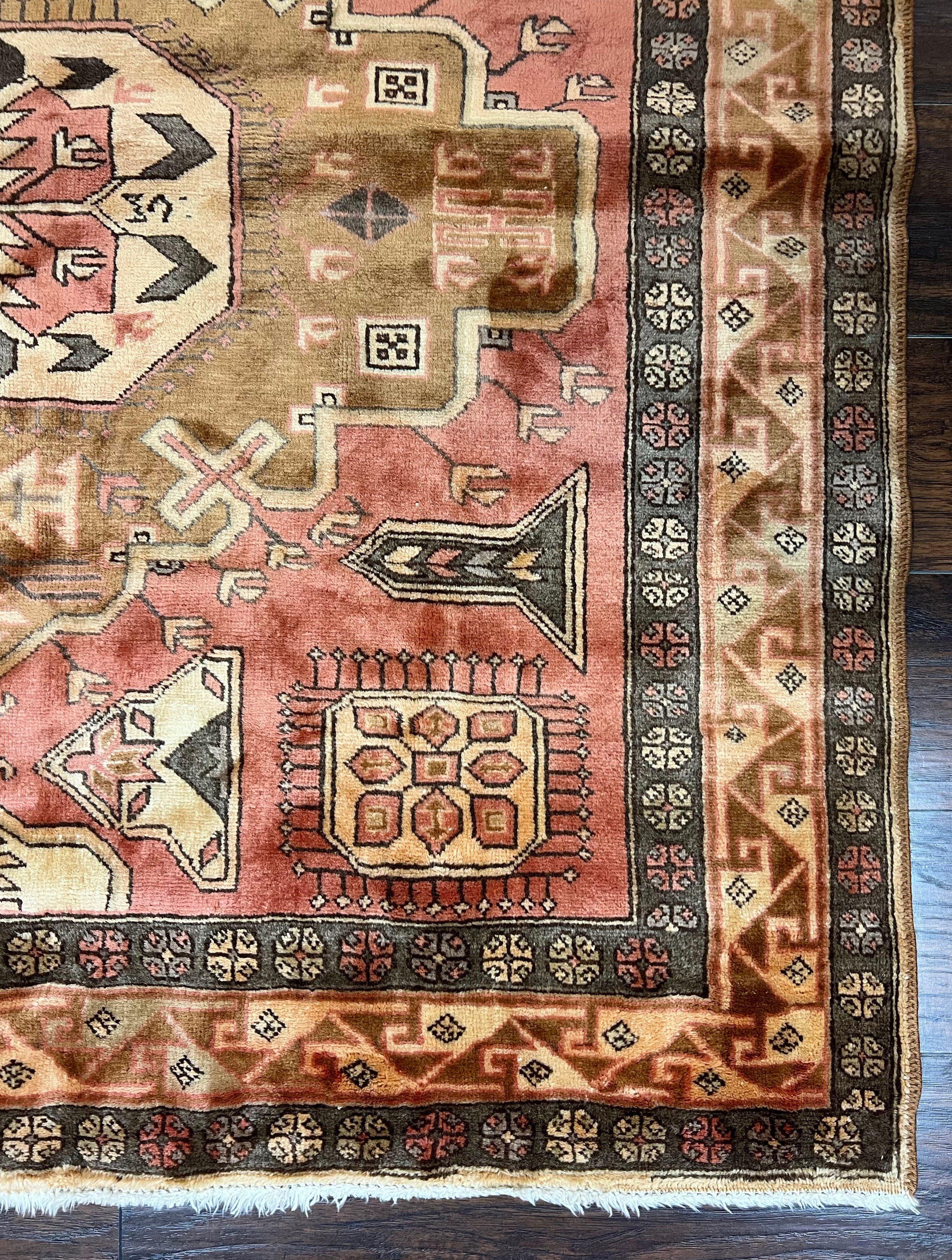 Wide Persian Ardabil Runner Rug 5x11, Vintage Semi Antique Handmade Wool Hallway Corridor Carpet, Geometric Caucasian Kazak Pattern, Salmon Cream - Jewel Rugs