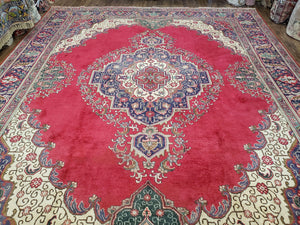 Semi Antique Tabriz Rug with Central Medallion, Red, 9'8" x 12'5" - Jewel Rugs