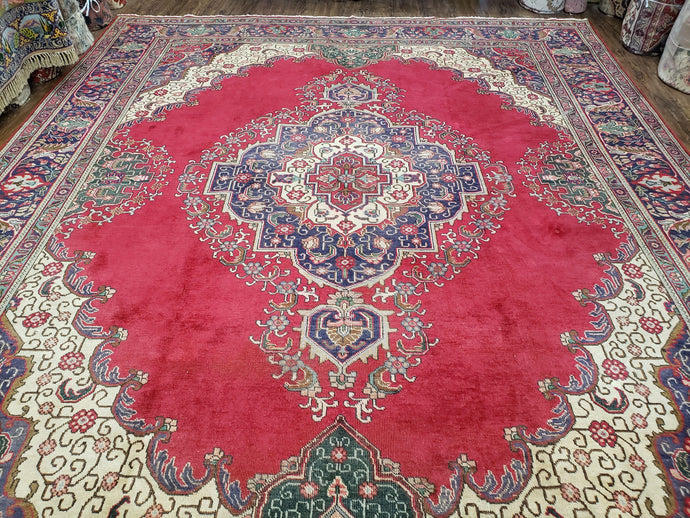 Semi Antique Tabriz Rug with Central Medallion, Red, 9'8